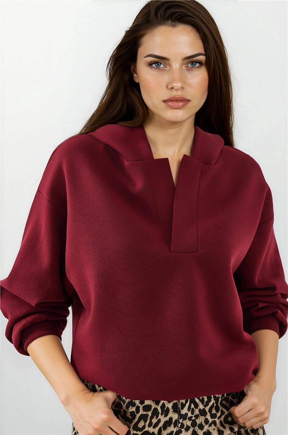 Bordo Kapüşonlu Sweatshirt
