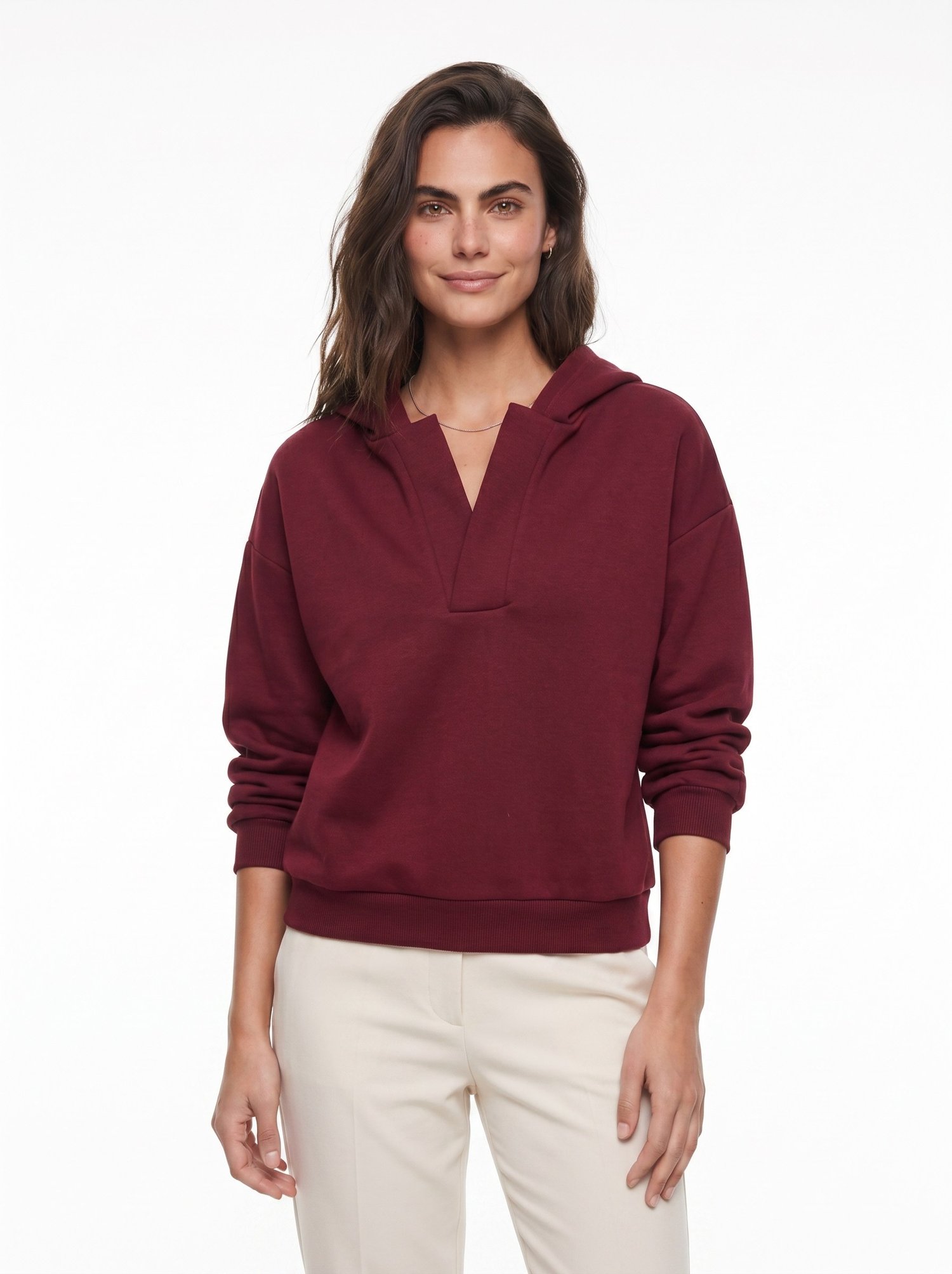 Bordo Kapüşonlu V Yaka Sweatshirt
