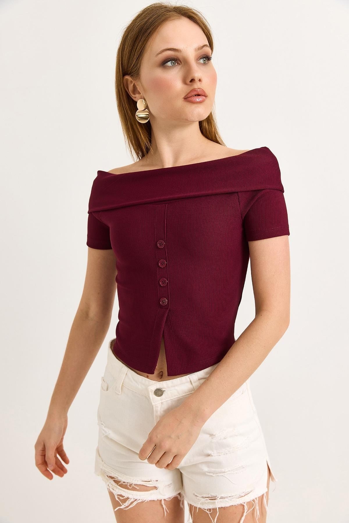 Bordo Kayık Yaka Fitilli Bluz