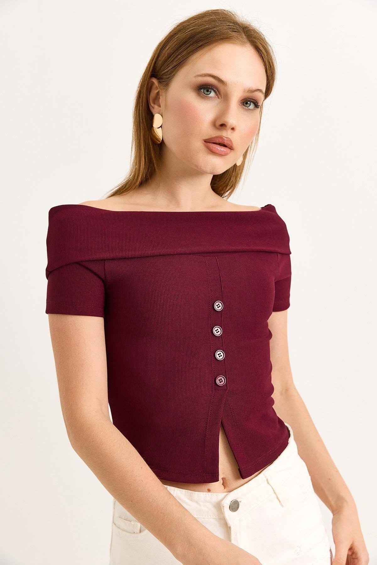 Bordo Kayık Yaka Fitilli Bluz