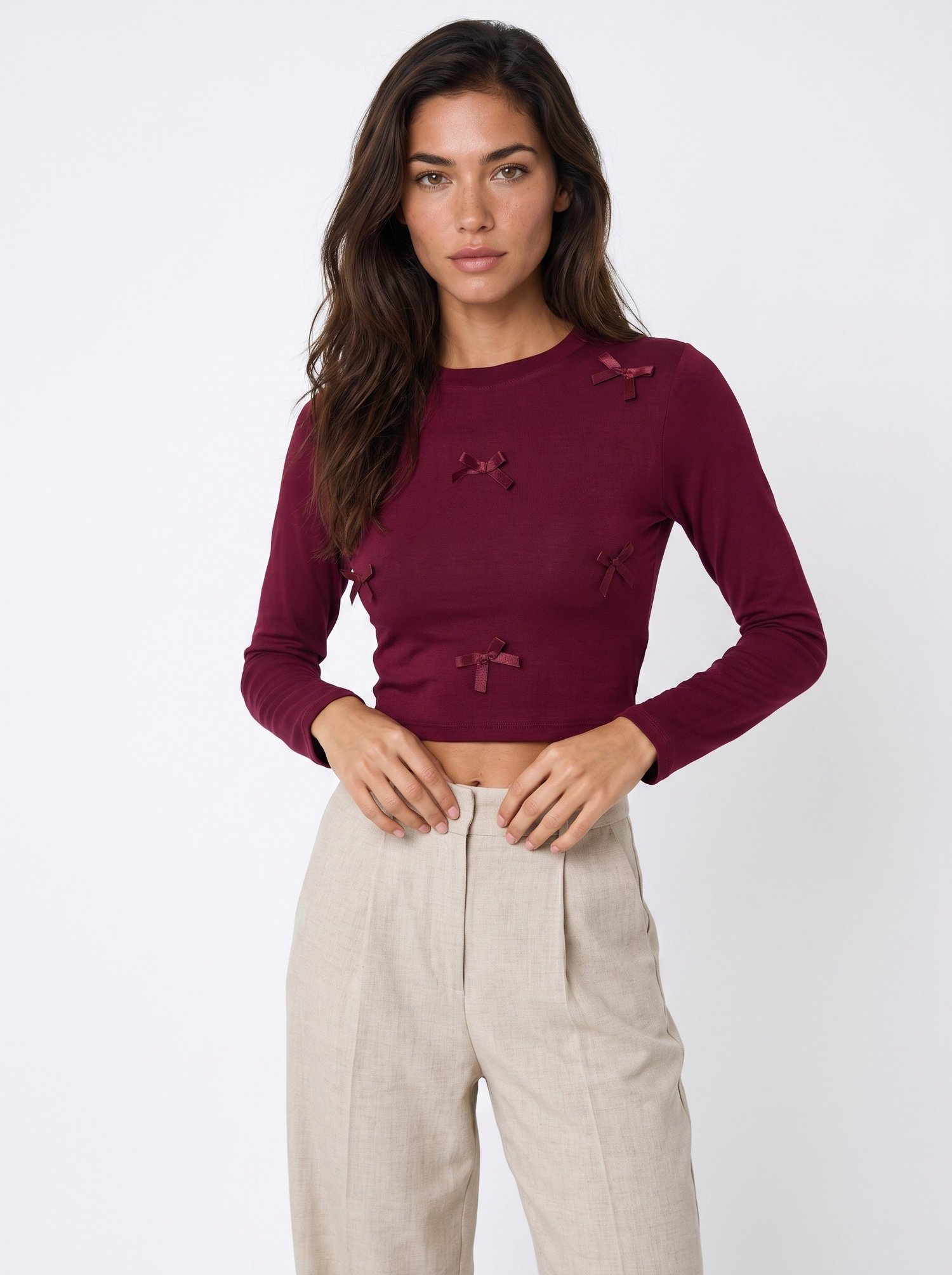Bordo Kurdeleli Crop Bluz