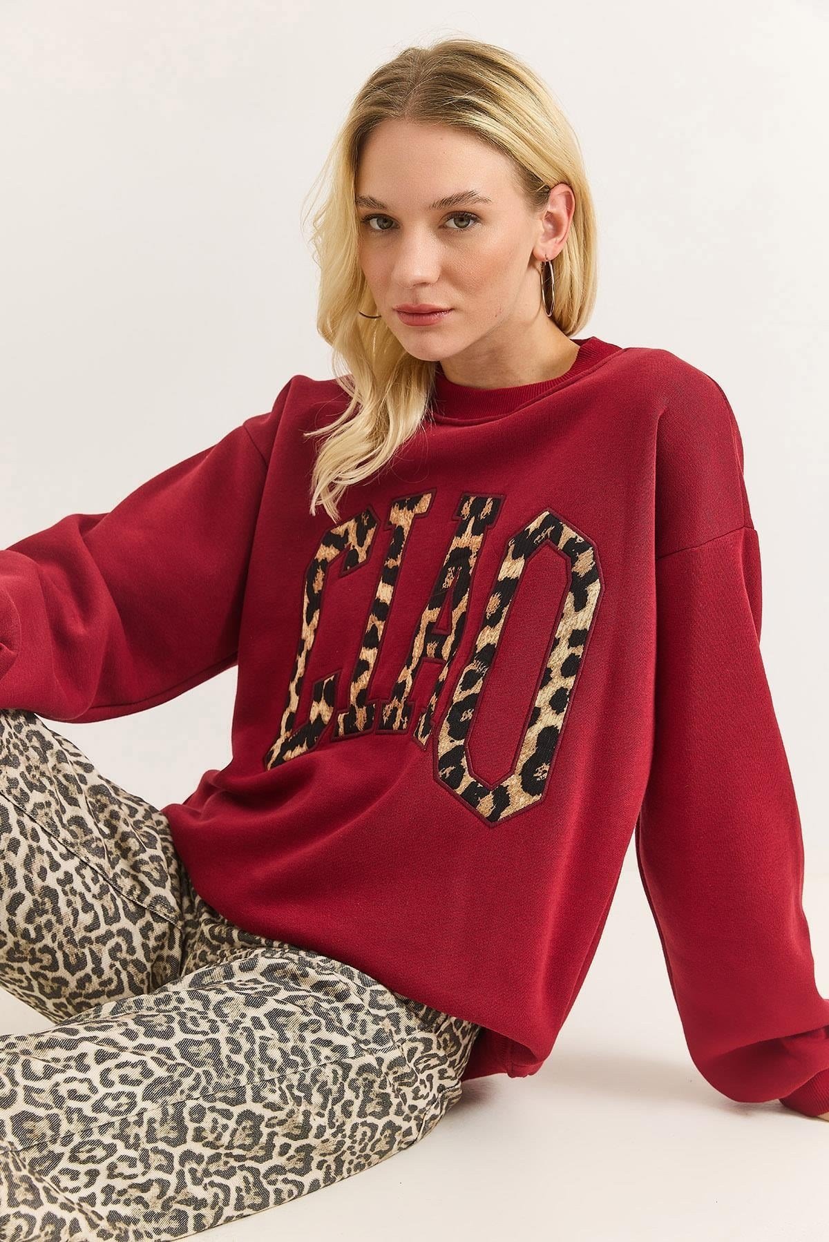 Bordo Leopar Baskılı Sweatshirt