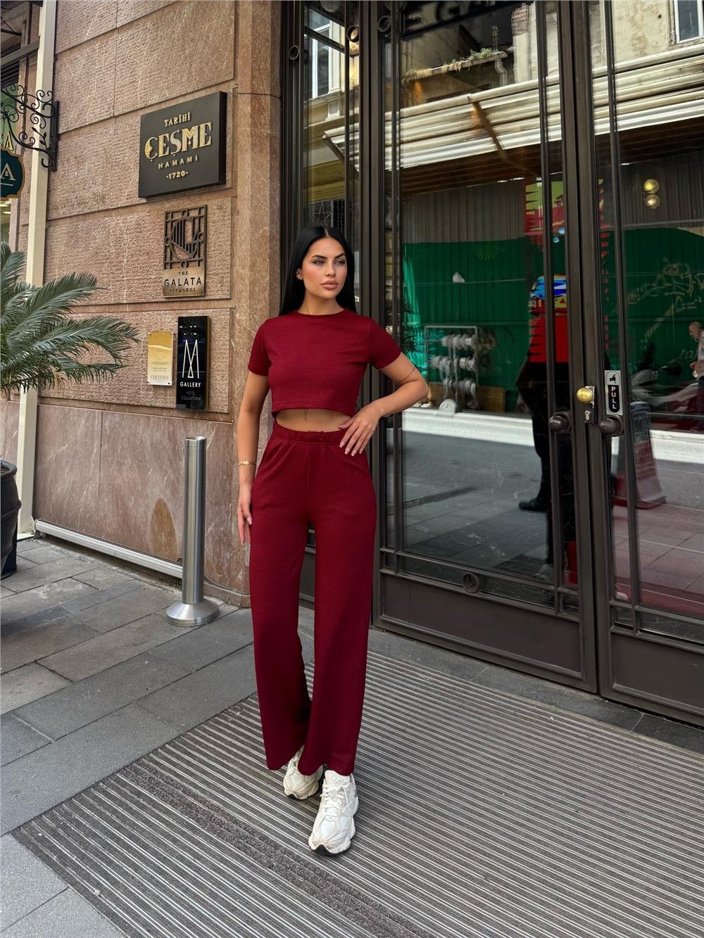 Bordo Modal Polyester Keten Bisiklet Yaka Takım