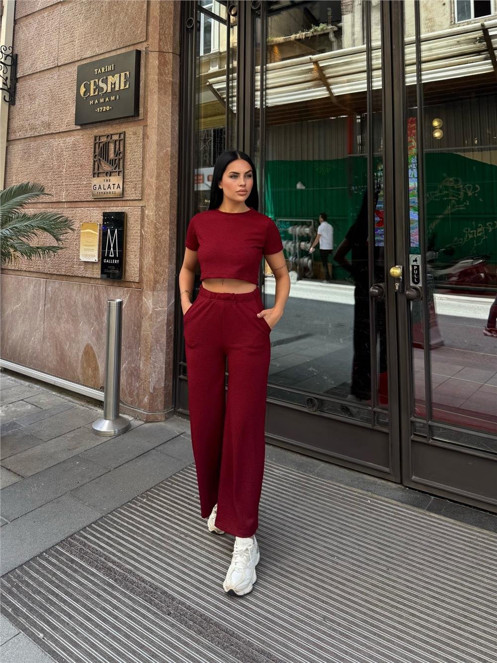 Bordo Modal Polyester Keten Bisiklet Yaka Takım