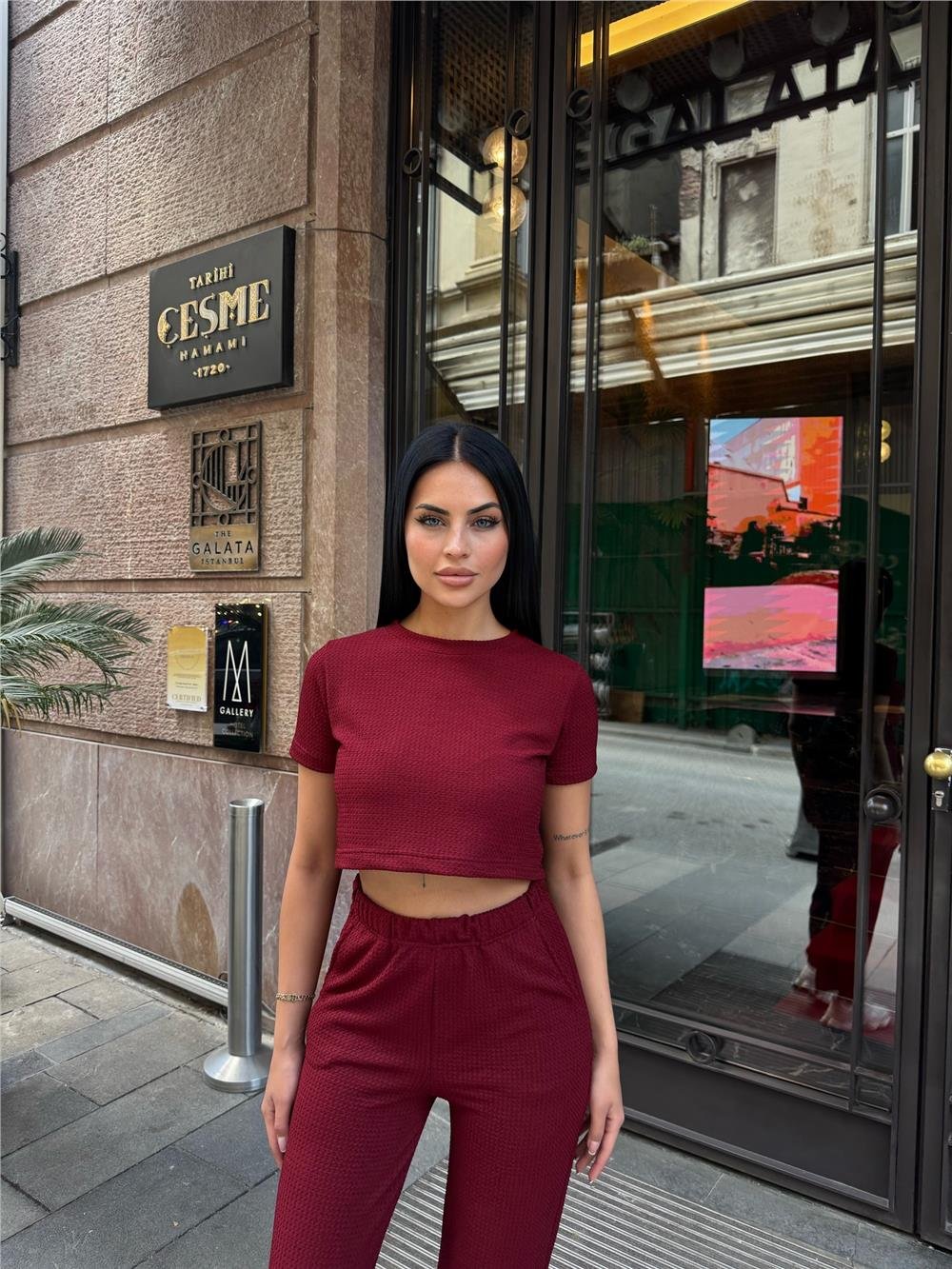Bordo Modal Polyester Keten Bisiklet Yaka Takım