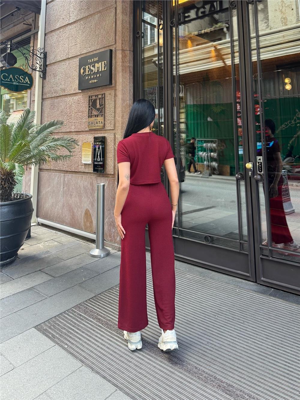Bordo Modal Polyester Keten Bisiklet Yaka Takım