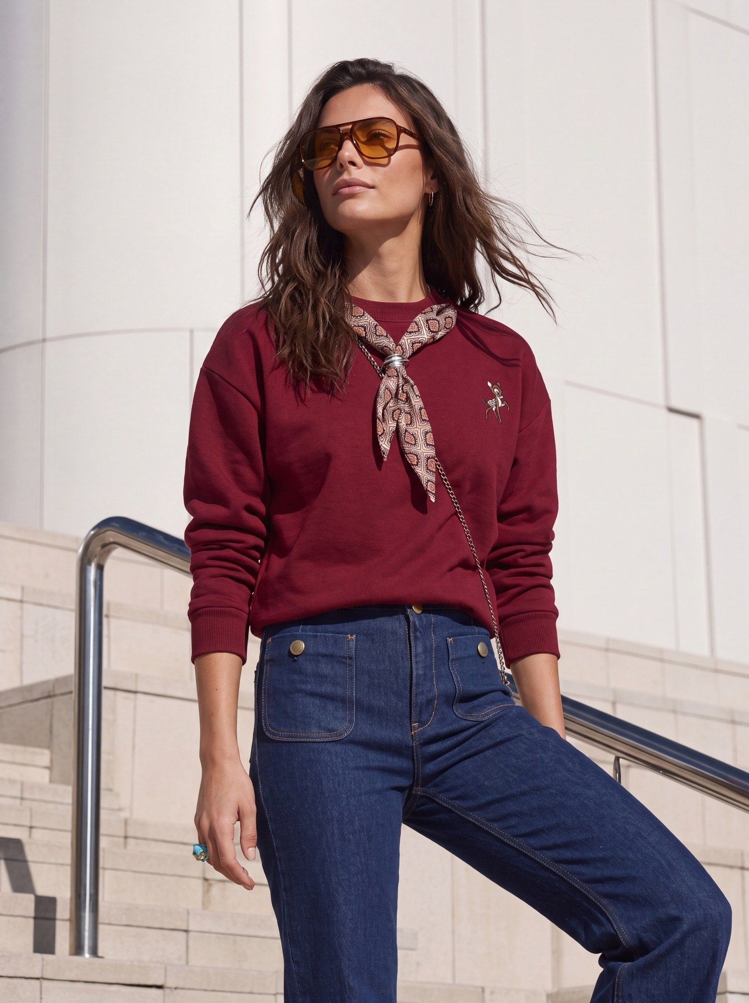 Bordo Nakışlı Oversize Sweatshirt