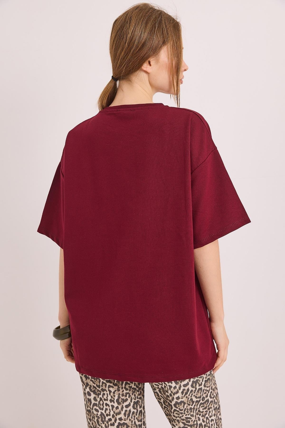 Bordo Nakışlı Oversize Tişört