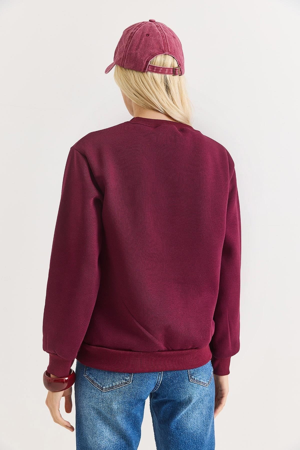Bordo Nakışlı Üç İplik Sweatshirt