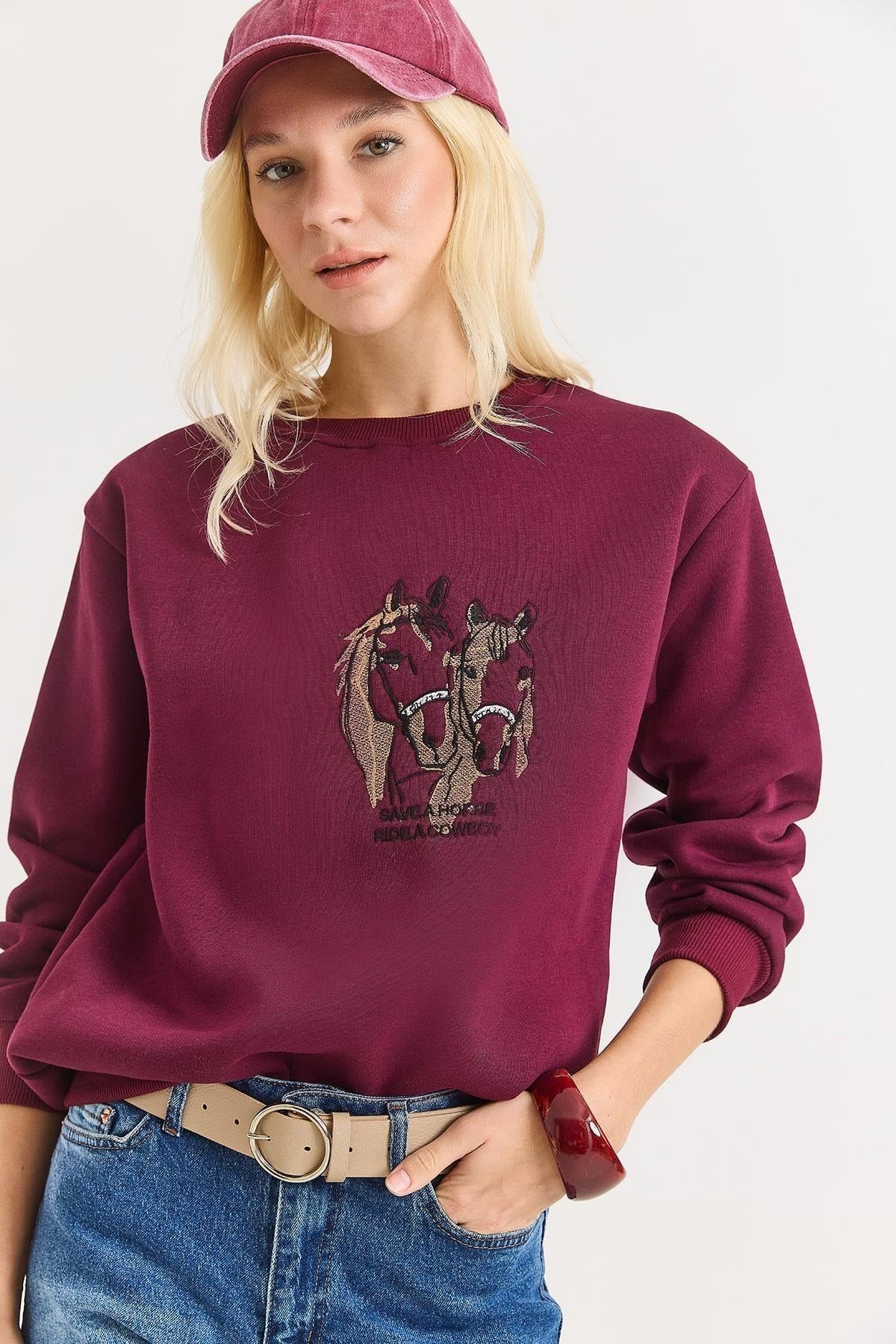 Bordo Nakışlı Üç İplik Sweatshirt