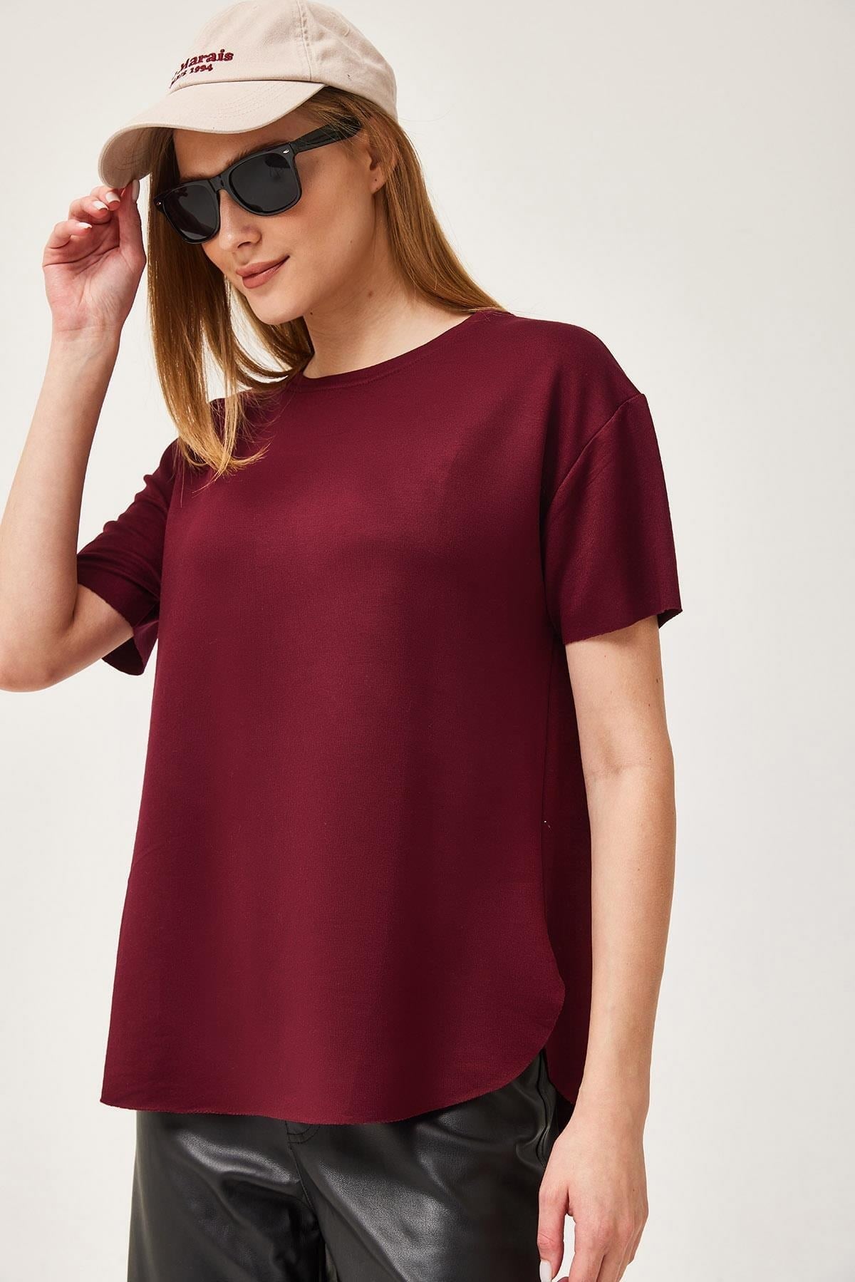 Bordo Oval Kesim Modal Tişört