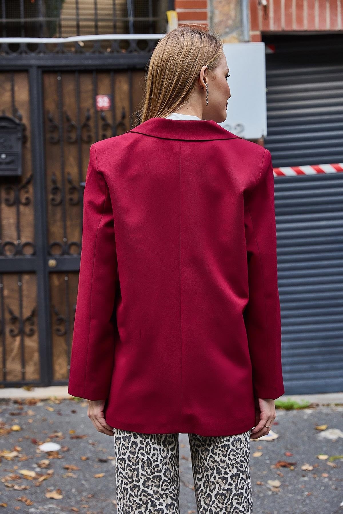 Bordo Oversize Düğmeli Ceket