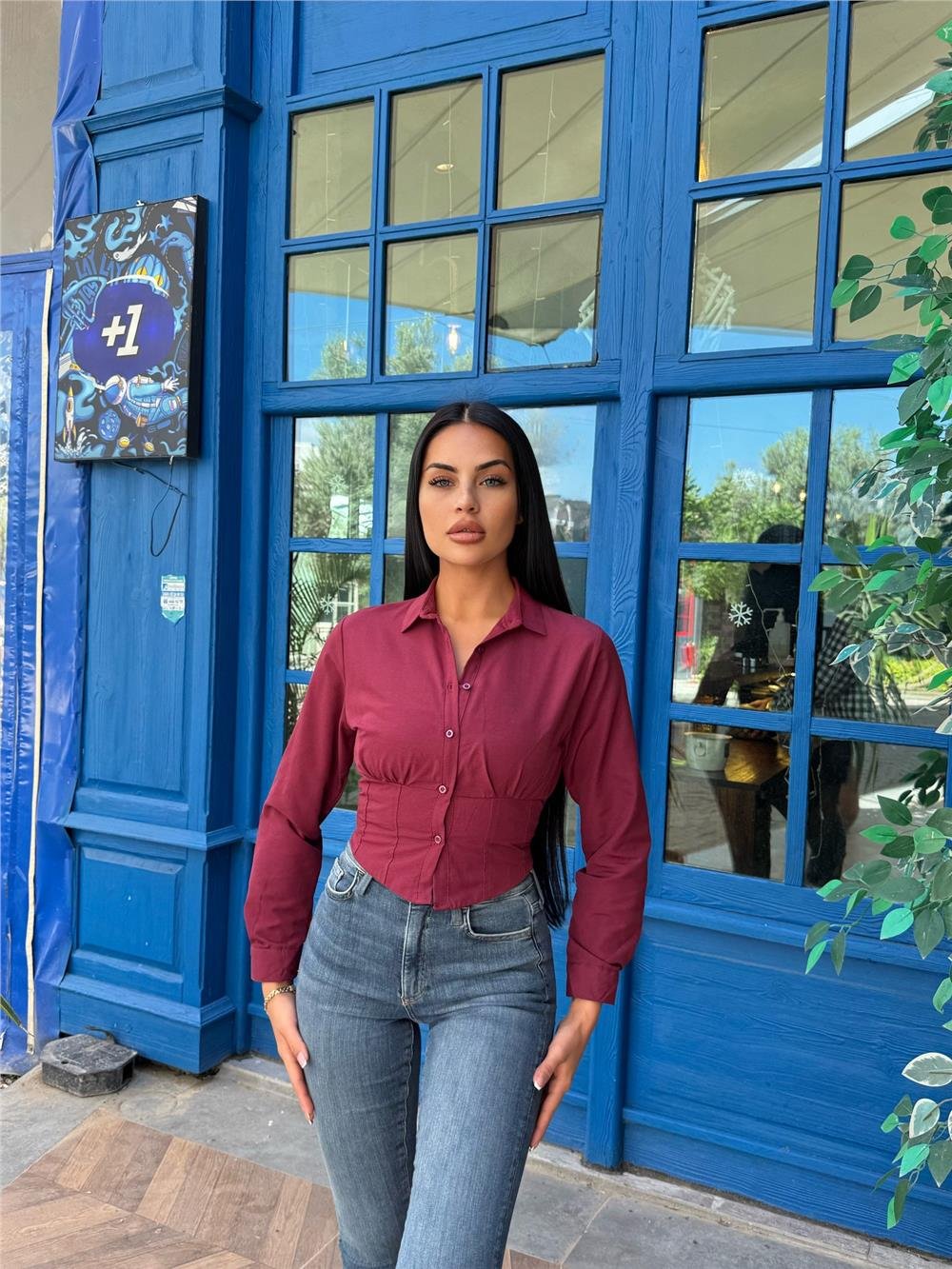 Bordo Pamuk Polyester Parçalı Gömlek