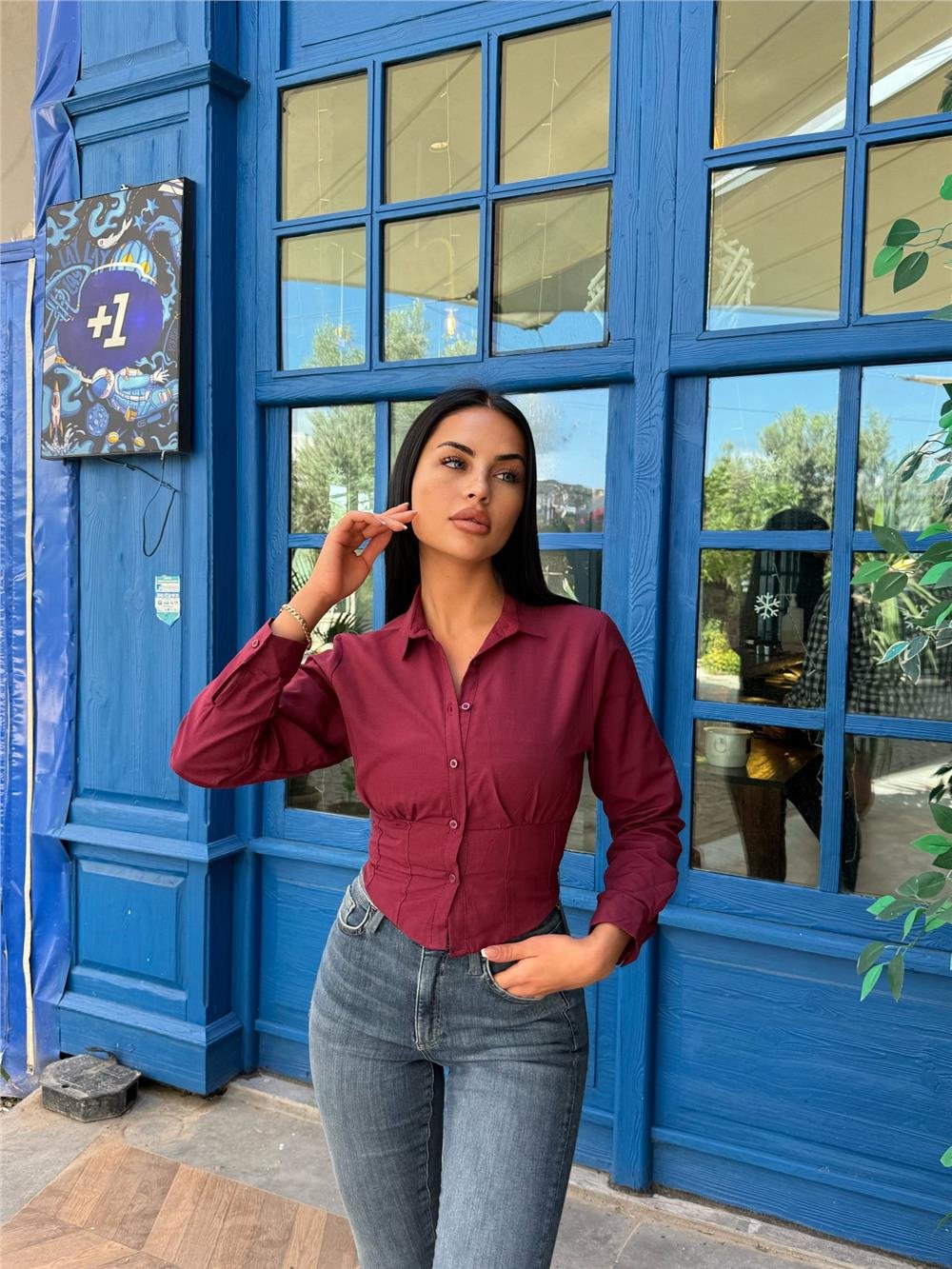 Bordo Pamuk Polyester Parçalı Gömlek