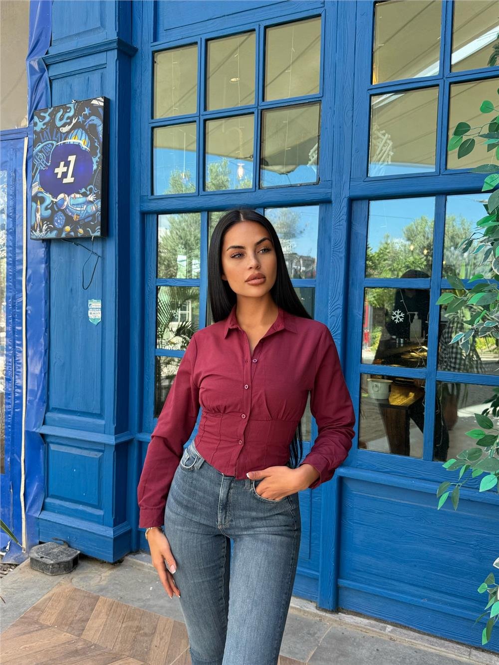 Bordo Pamuk Polyester Parçalı Gömlek