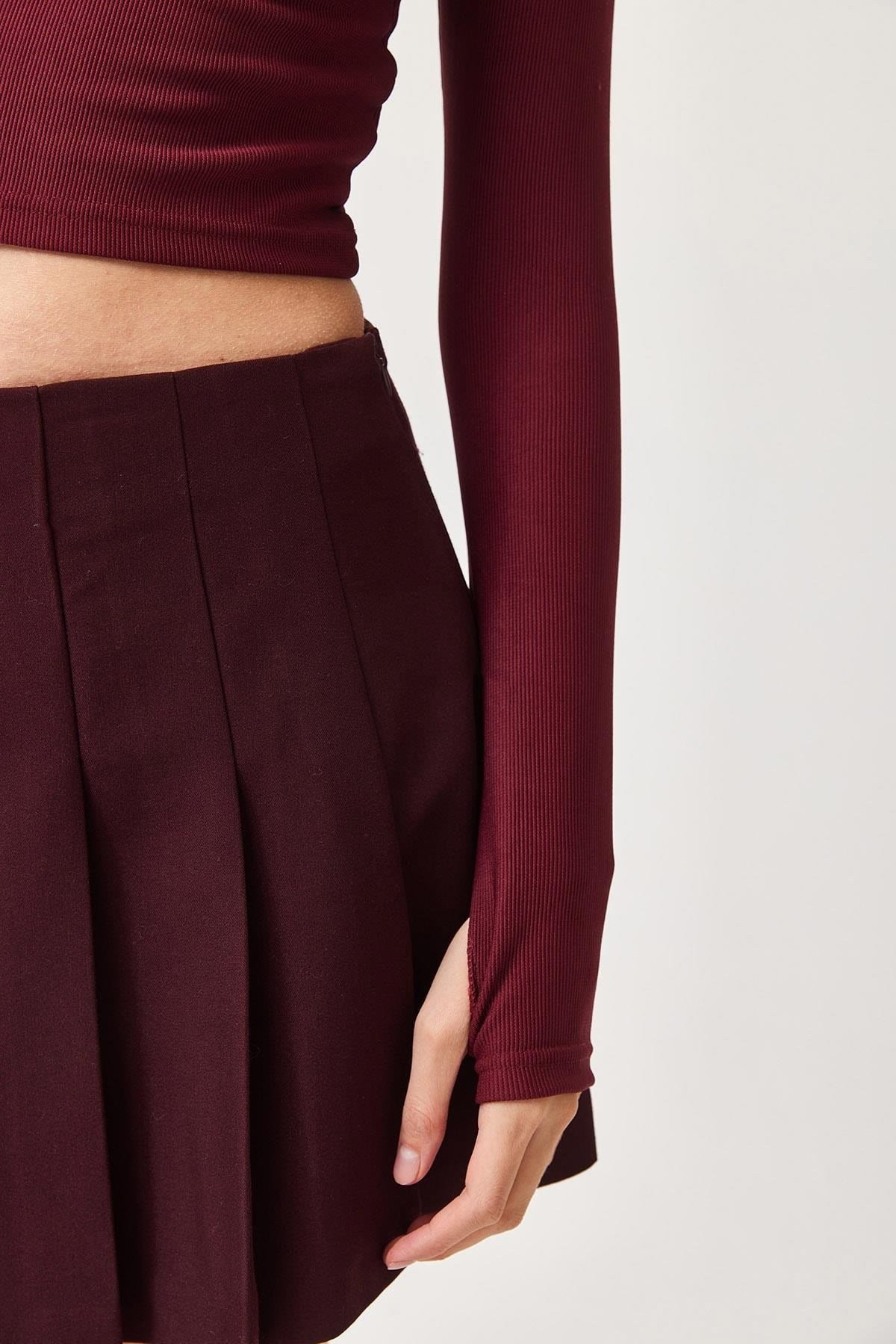Bordo Parmak Geçmeli Örme Bluz