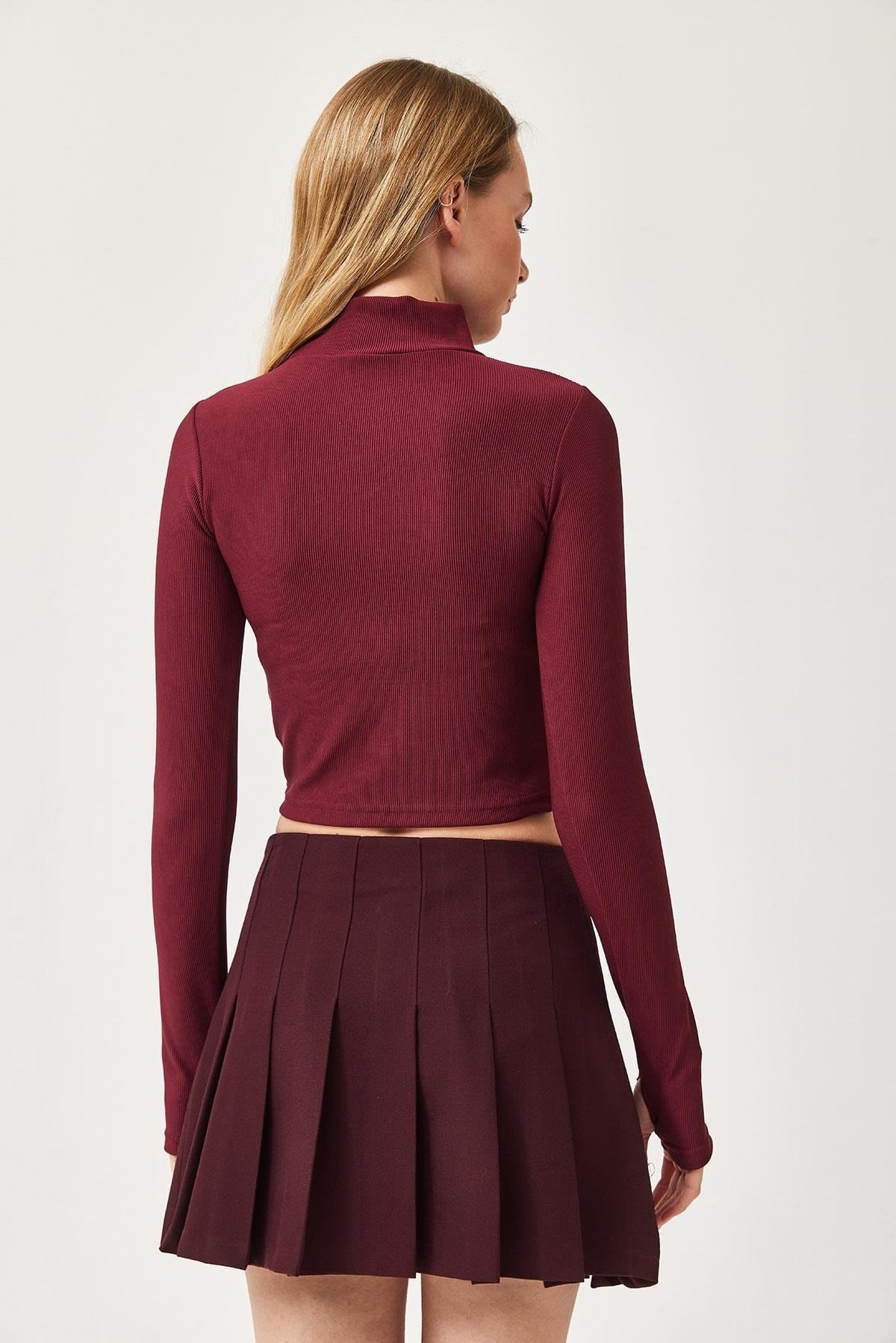 Bordo Parmak Geçmeli Örme Bluz