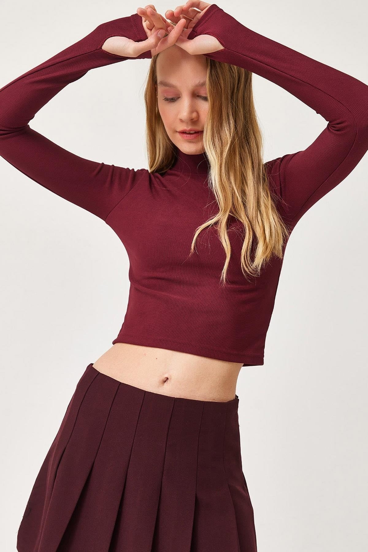 Bordo Parmak Geçmeli Örme Bluz