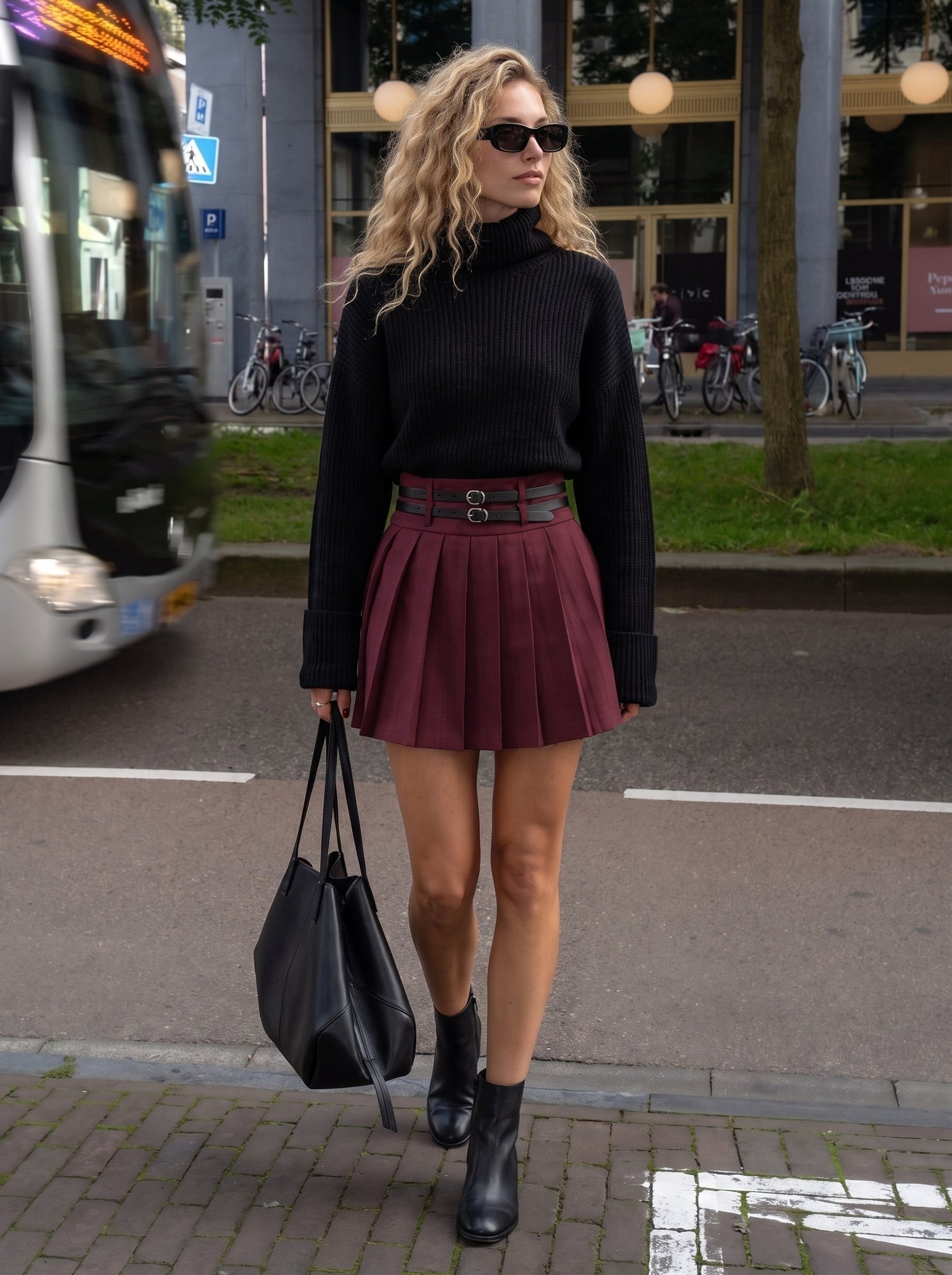 Bordo Pileli Kemerli Mini Etek
