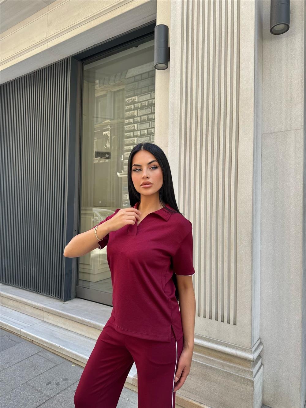 Bordo Polyester Keten Polo Yaka Takım