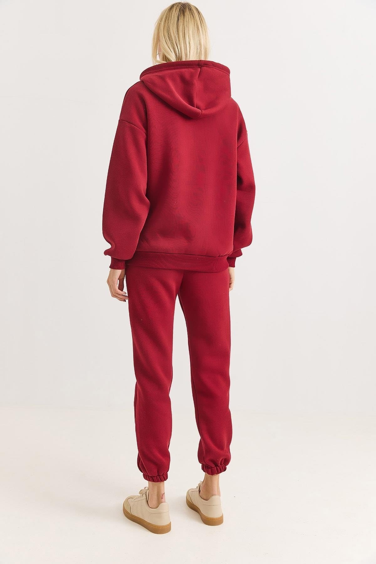 Bordo Şardonlu Baskılı Eşofman Pantolon