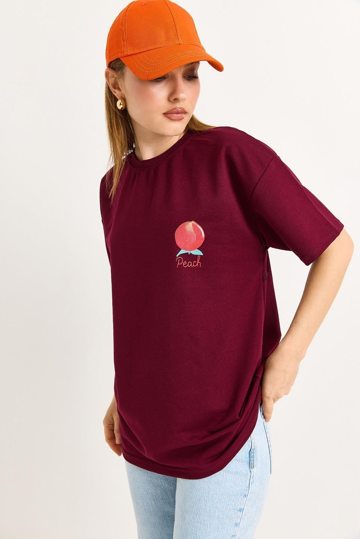 Bordo Şeftali Baskılı Tişört