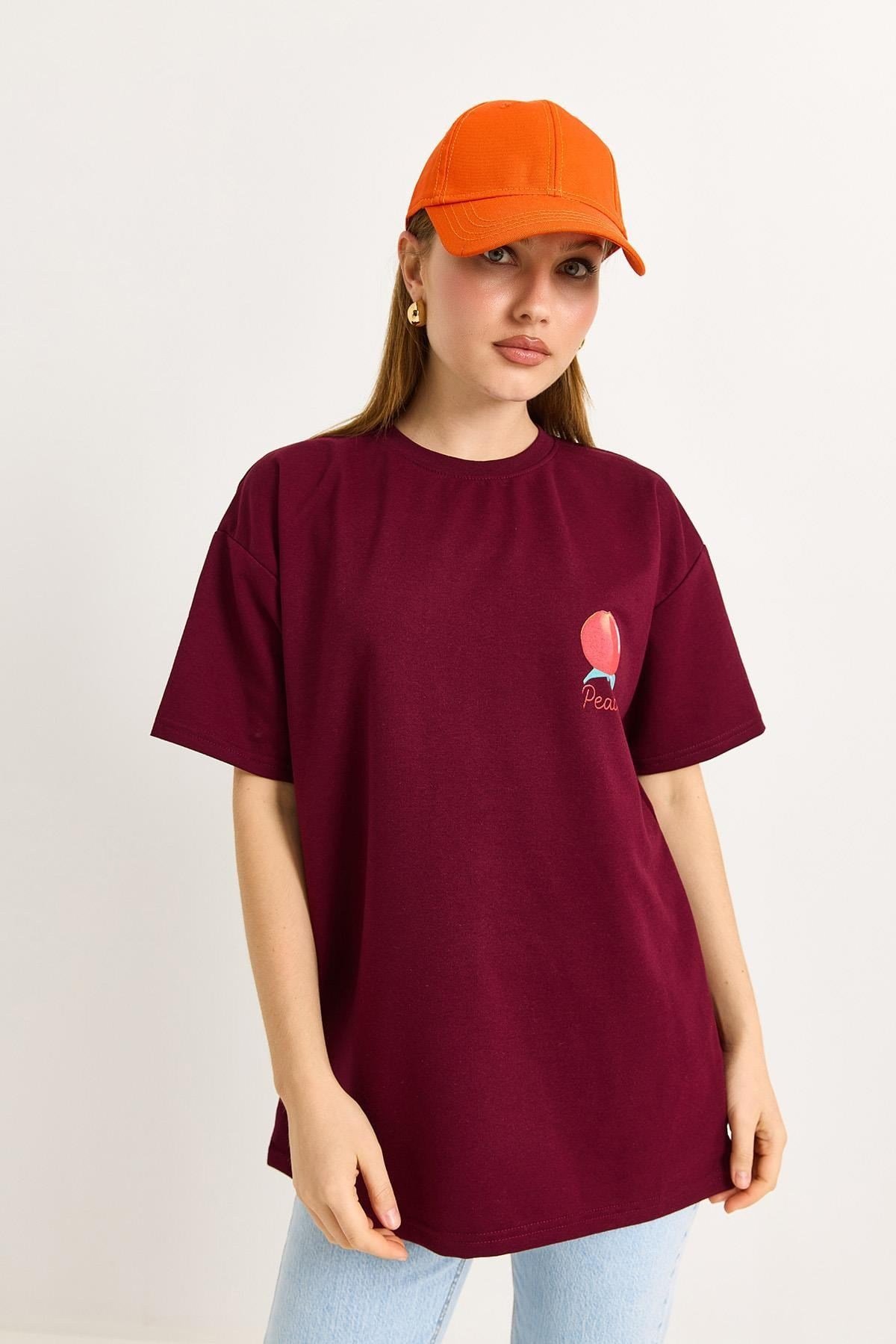 Bordo Şeftali Baskılı Tişört