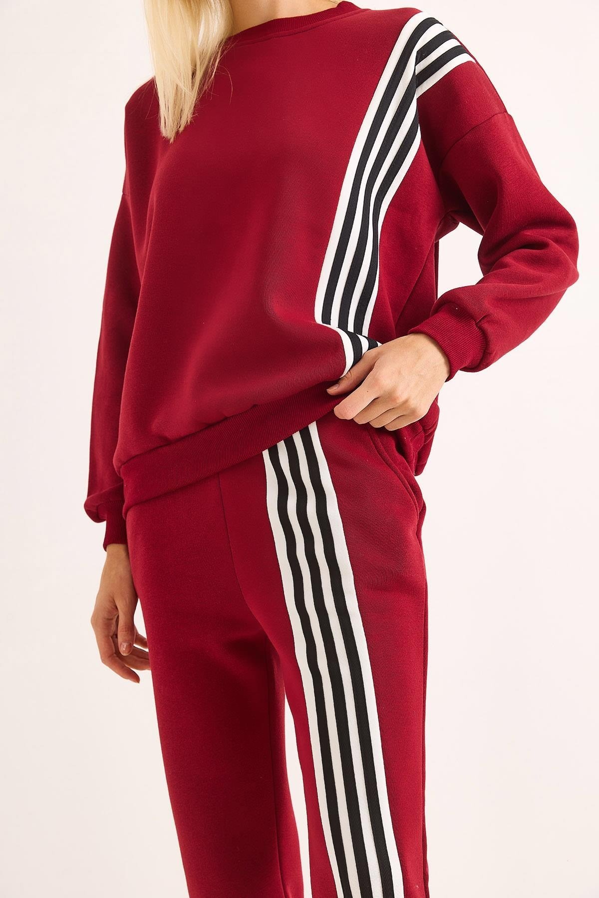 Bordo Şeritli Şardonlu Pantolon