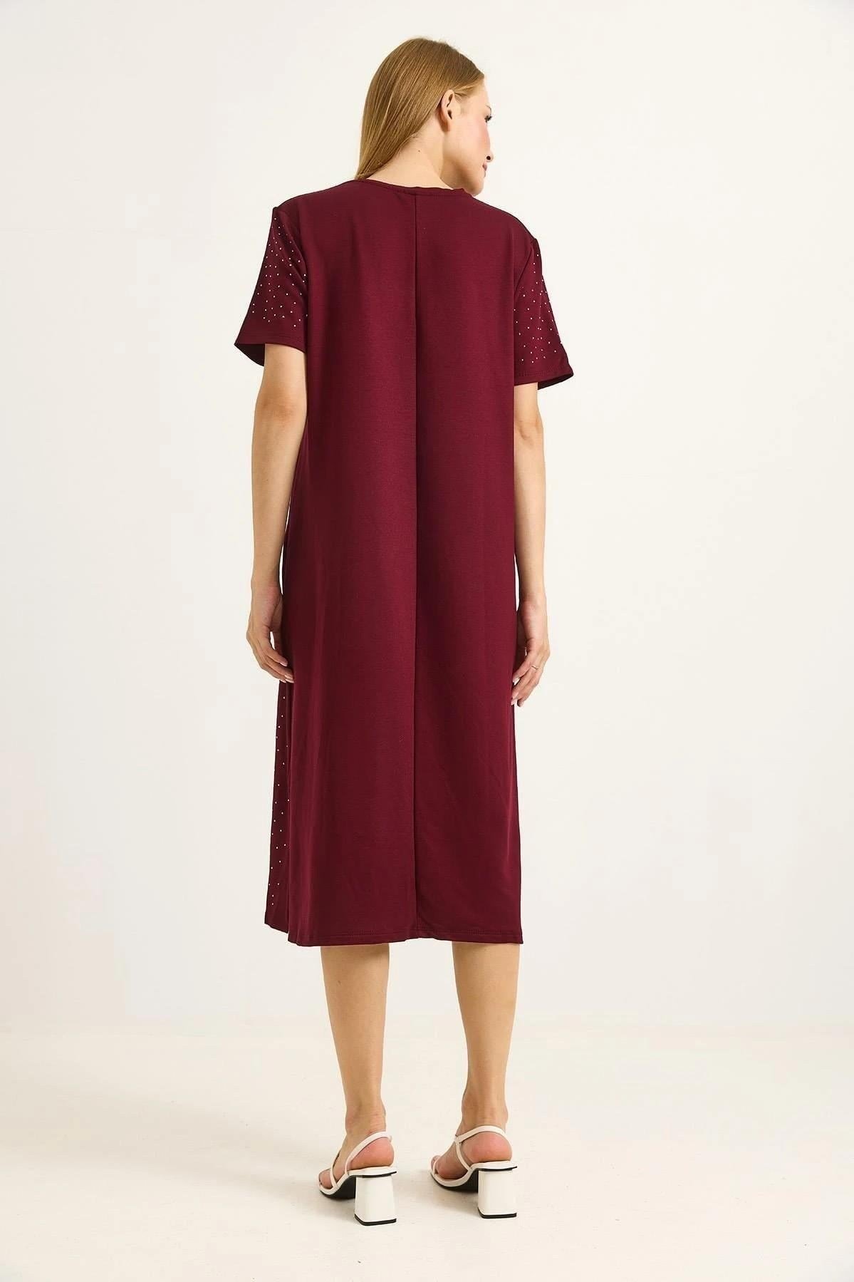 Bordo Taş Detaylı Elbise