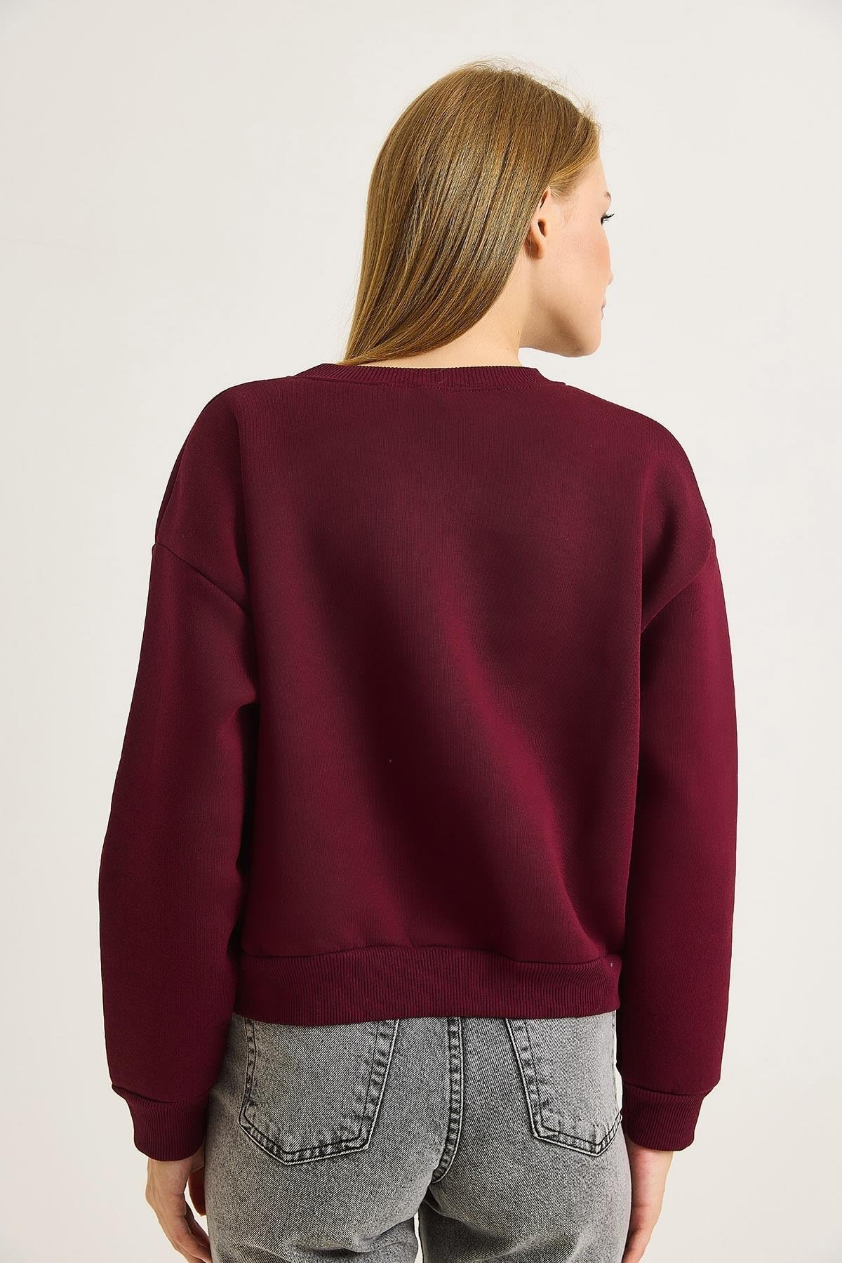 Bordo Taşlı Bisiklet Yaka Sweatshirt