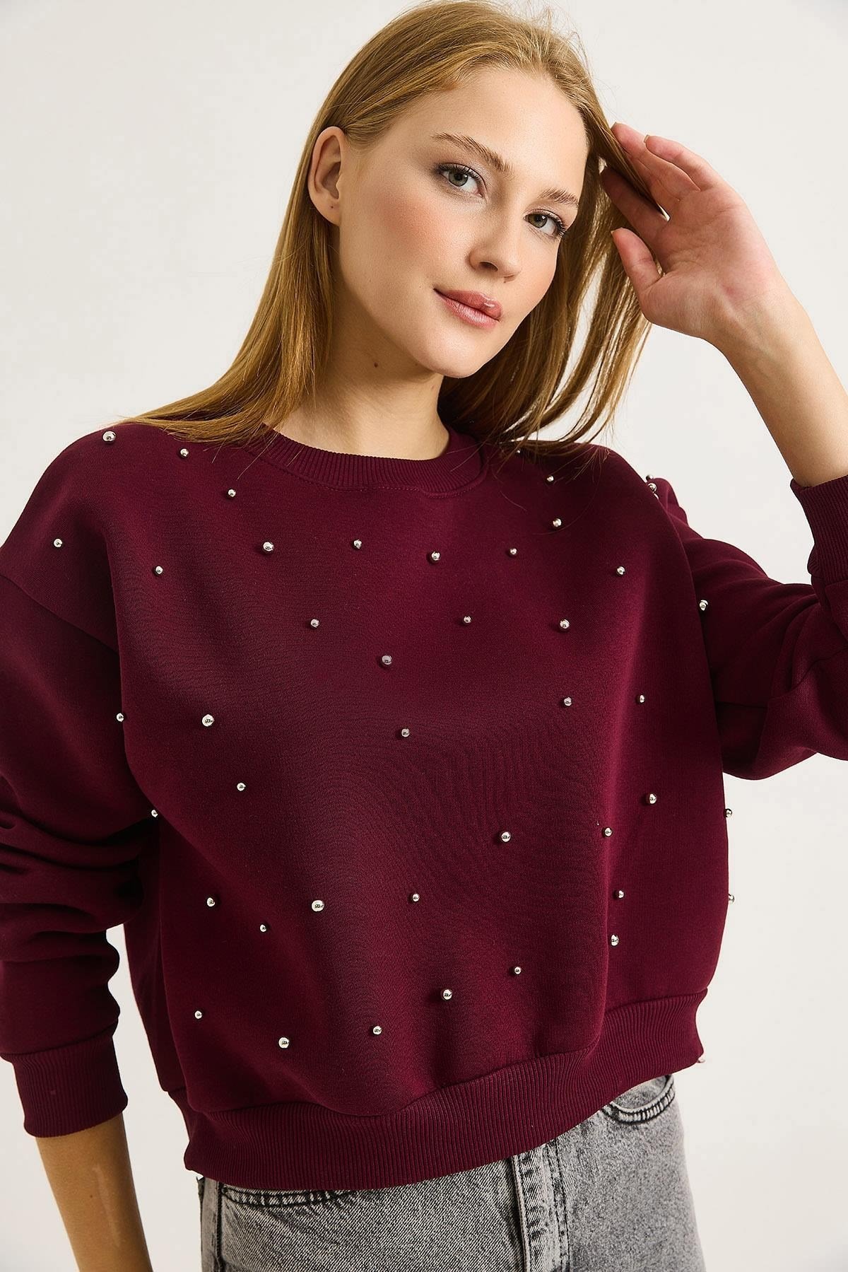 Bordo Taşlı Bisiklet Yaka Sweatshirt