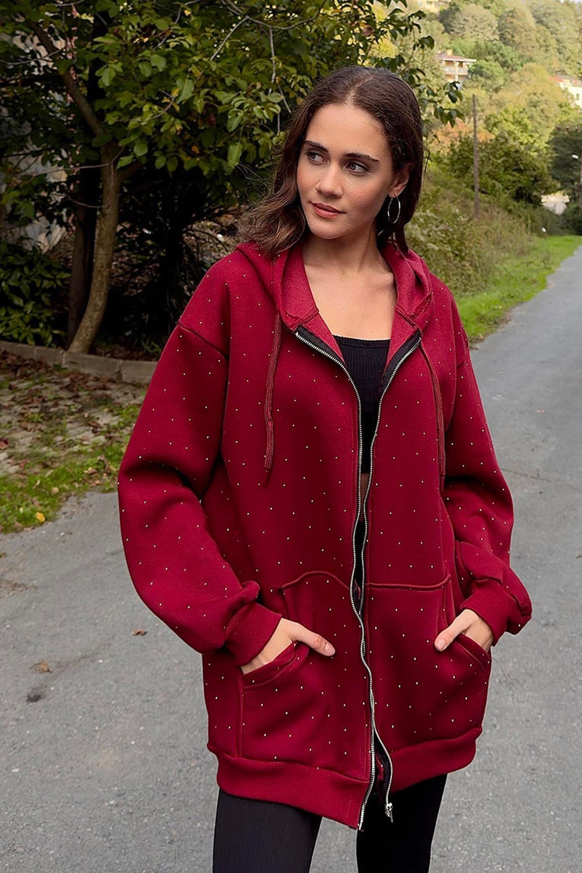 Bordo Taşlı Oversize Sweat Hırka
