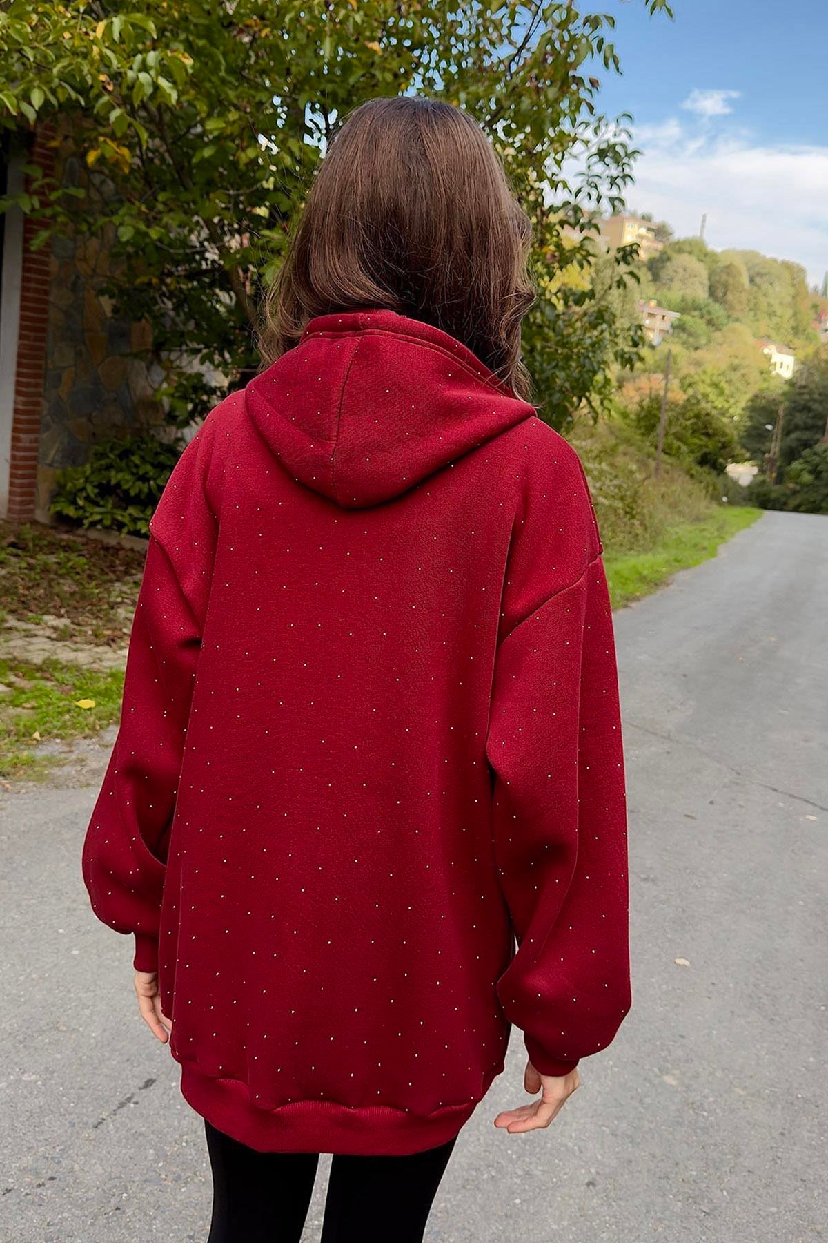 Bordo Taşlı Oversize Sweat Hırka