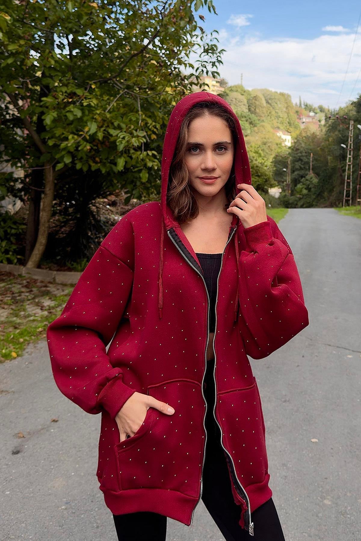 Bordo Taşlı Oversize Sweat Hırka
