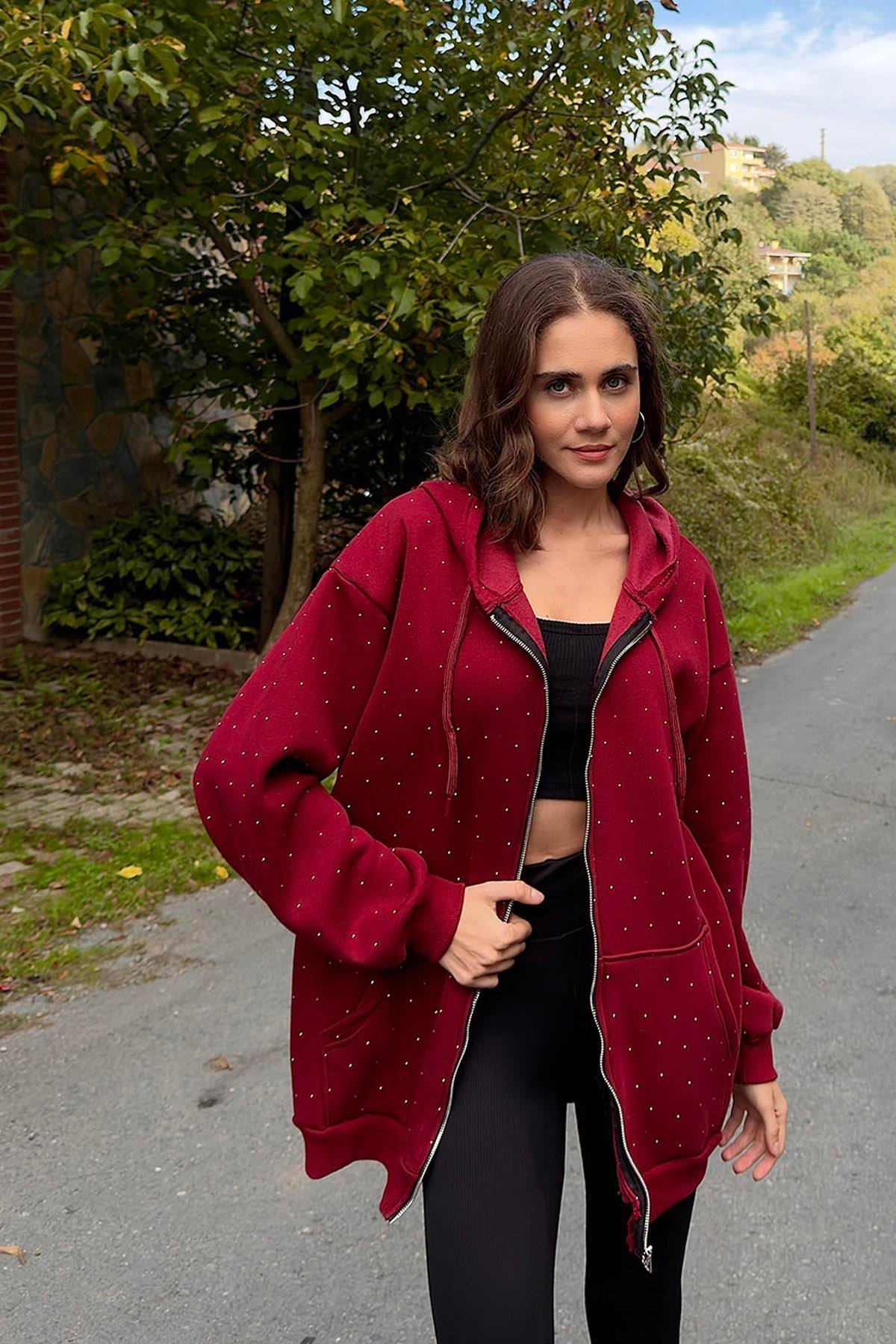 Bordo Taşlı Oversize Sweat Hırka