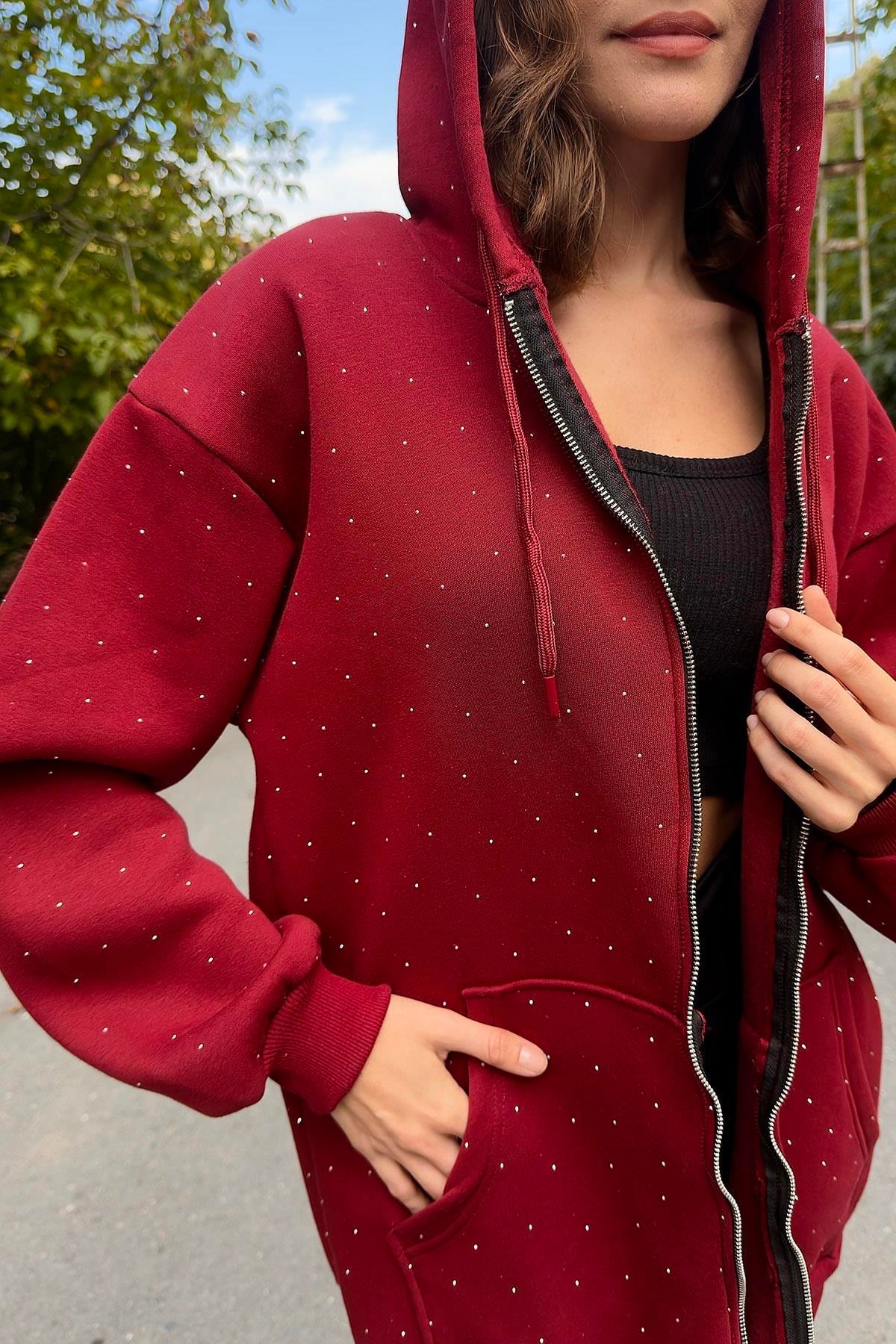 Bordo Taşlı Oversize Sweat Hırka