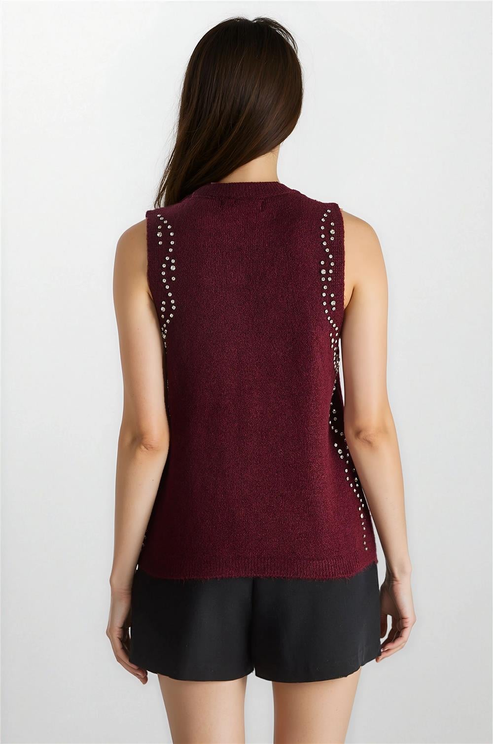 Bordo Taşlı Triko Bluz
