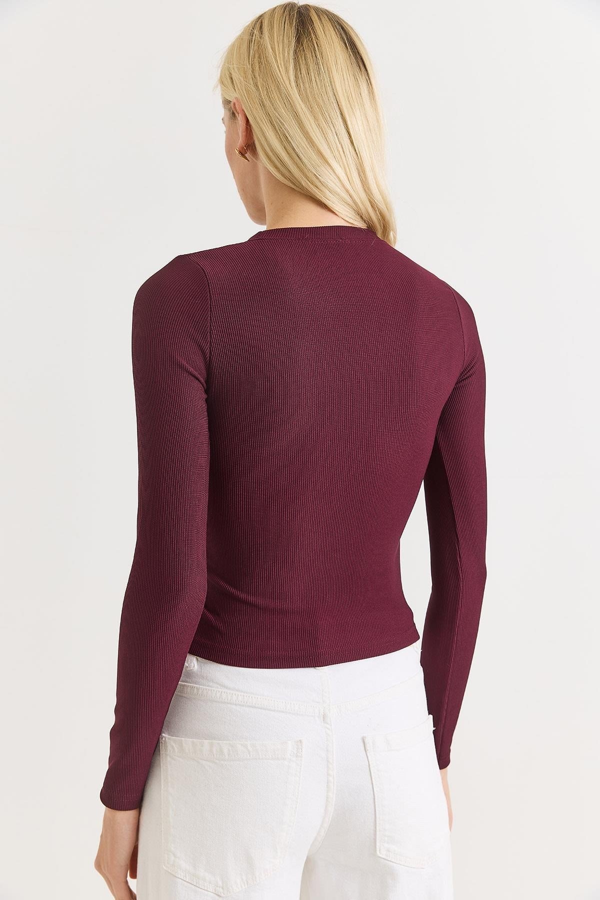 Bordo Tokalı Yırtmaçlı Fitilli Bluz