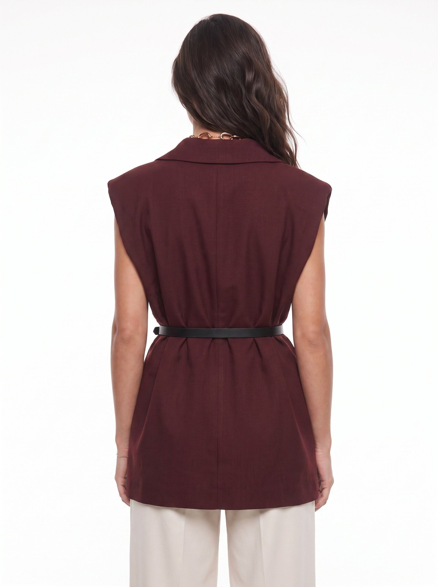 Bordo Vatkalı Oversize Blazer Yelek
