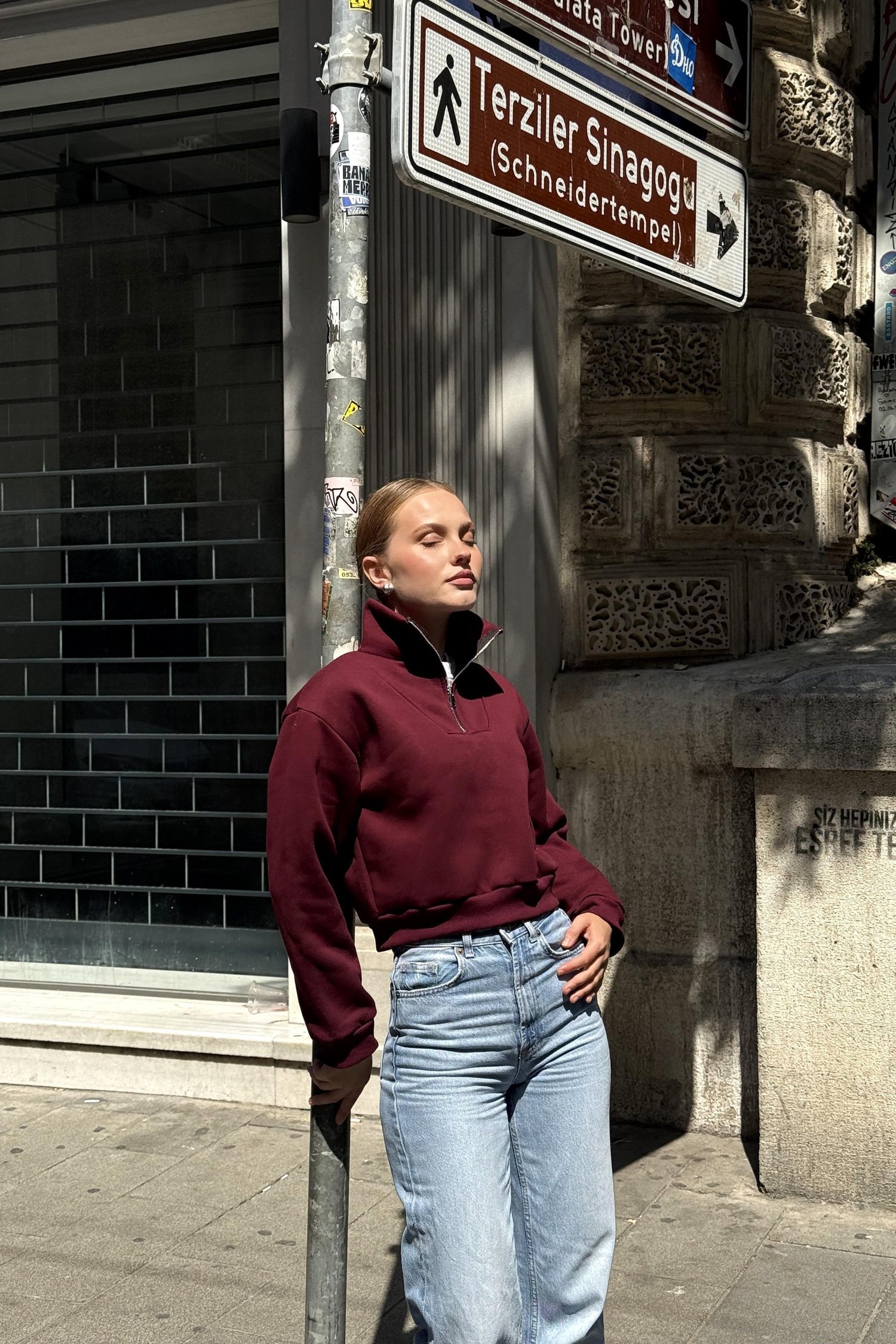 Bordo Yarım Fermuarlı Sweatshirt