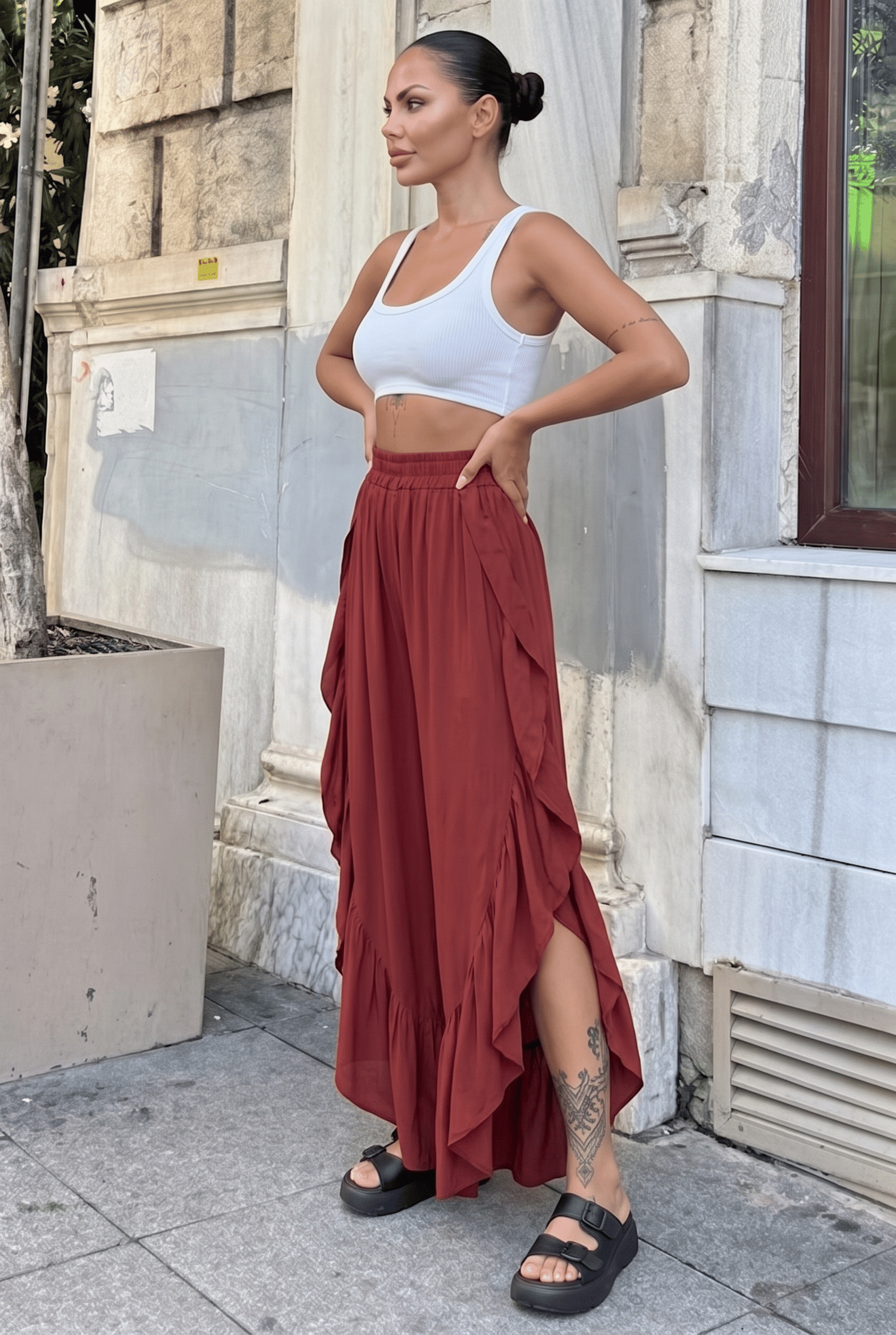 Bordo Yırtmaç Detaylı Bohem Pantolon