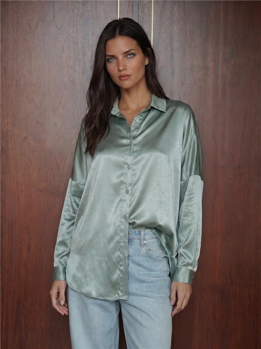 3985 Oversize Saten Gömlek - Çağla