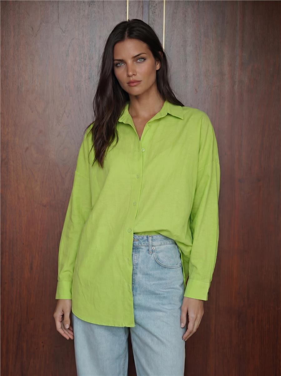 3900 Oversize Uzun Basic Gömlek - Çağla