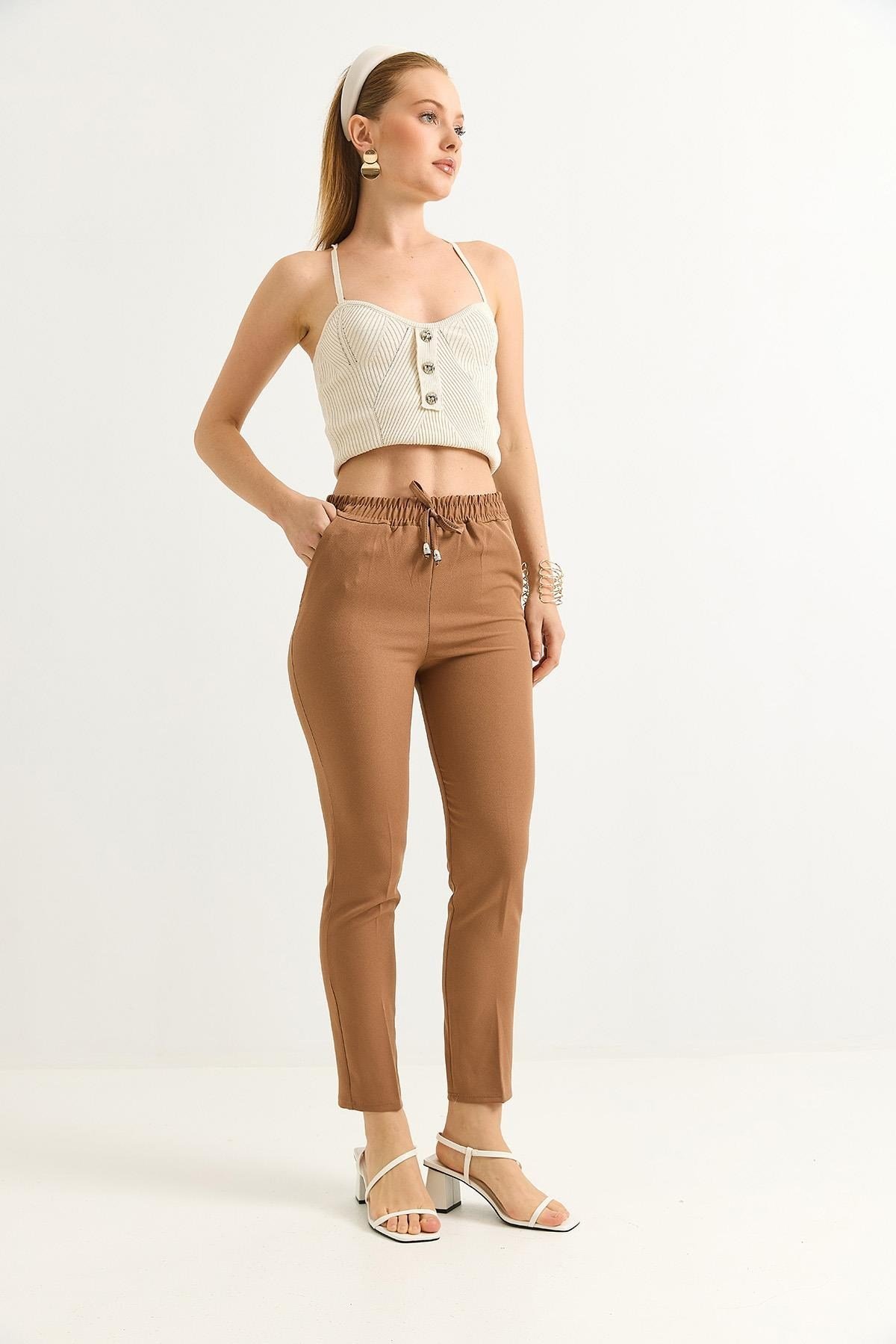 Camel Beli Lastikli Krep Pantolon