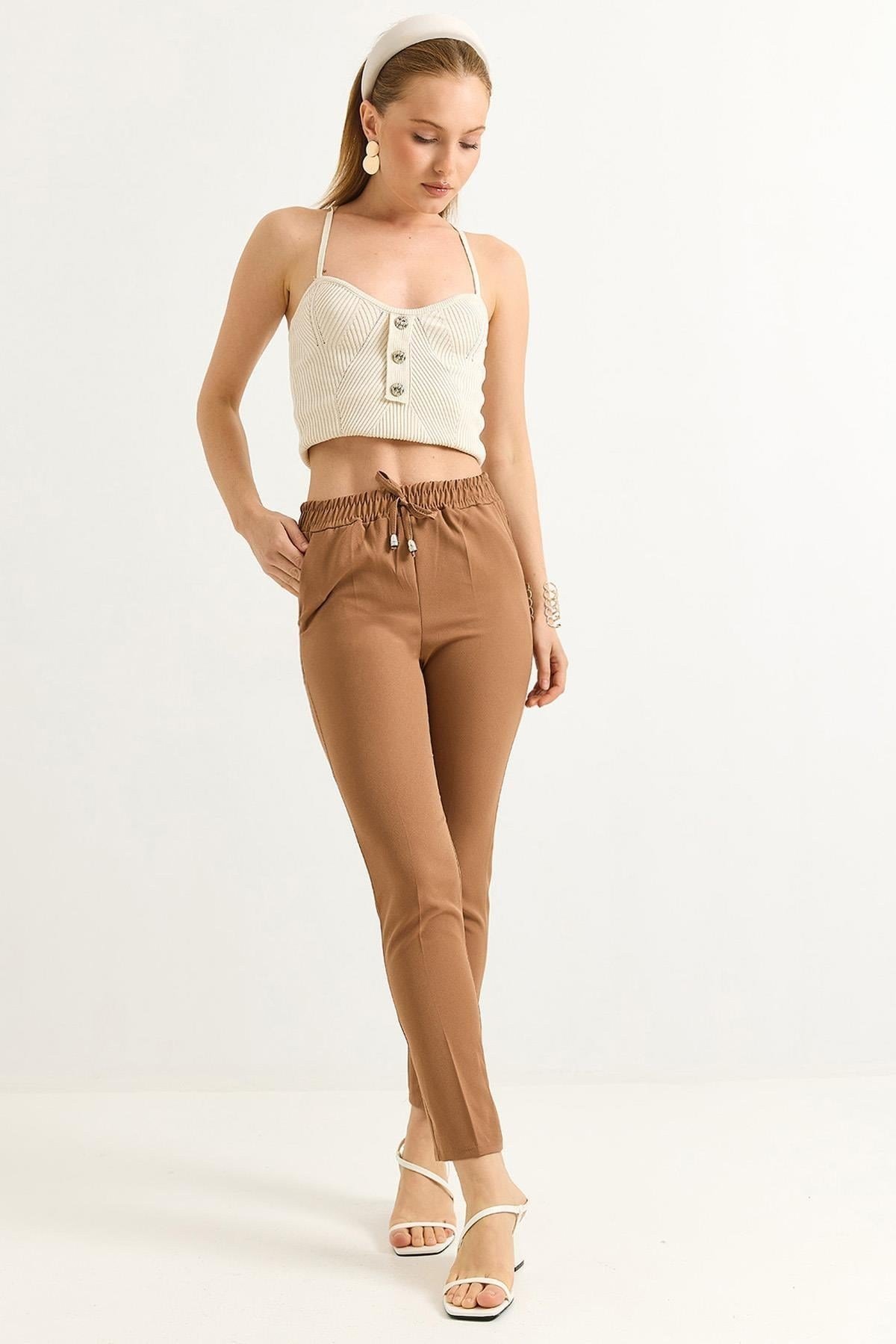 Camel Beli Lastikli Krep Pantolon