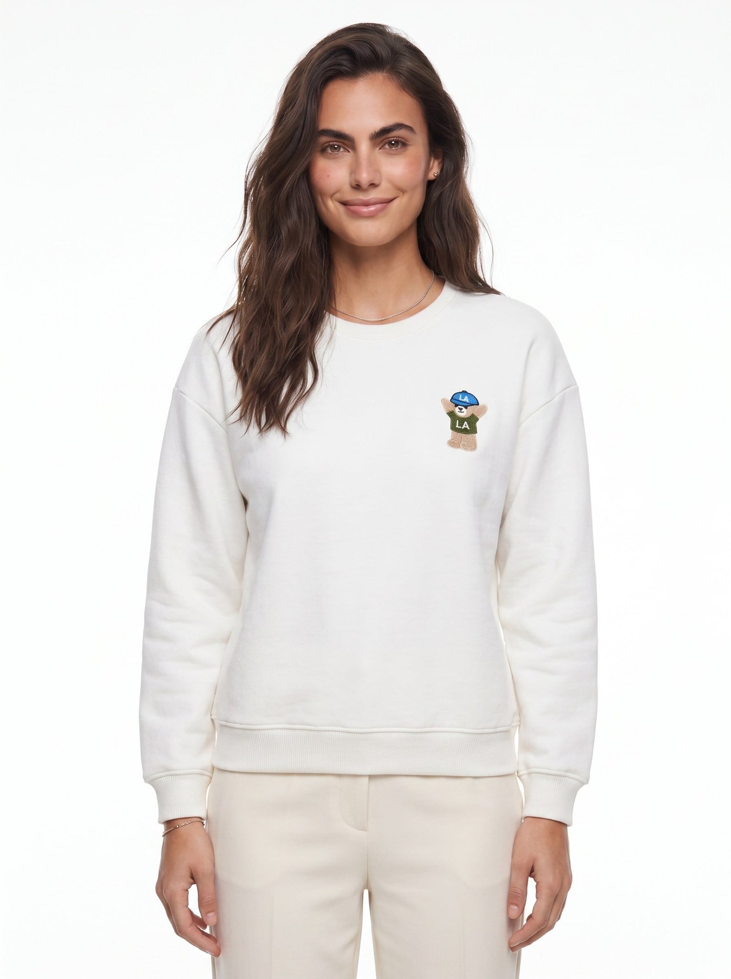 Ekru Nakışlı Pamuklu Sweatshirt