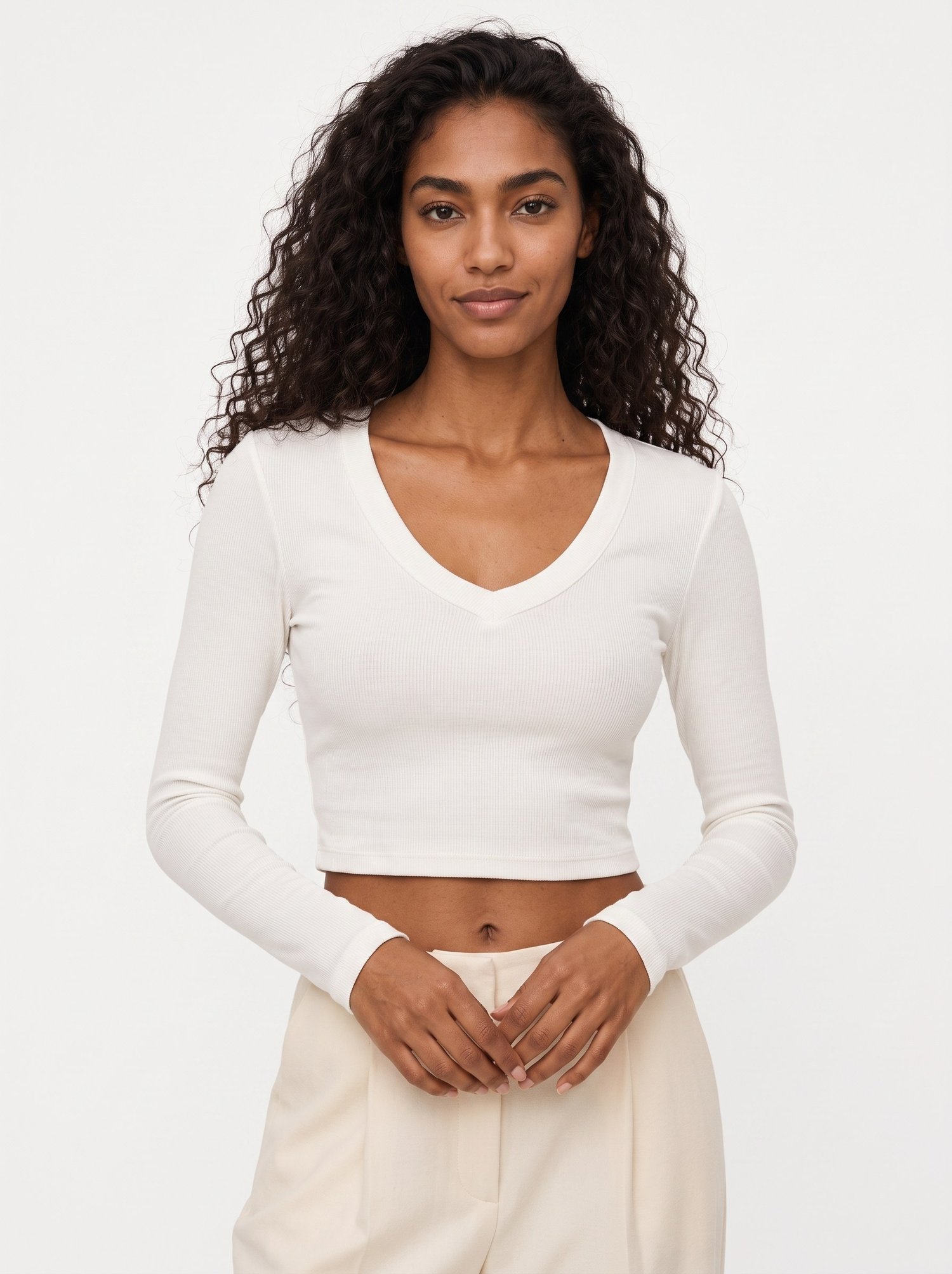 Ekru V Yaka Crop Bluz