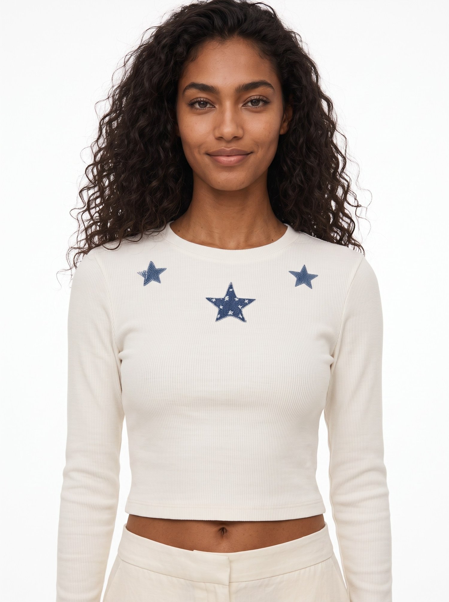 Ekru Yıldız Nakışlı Crop Bluz