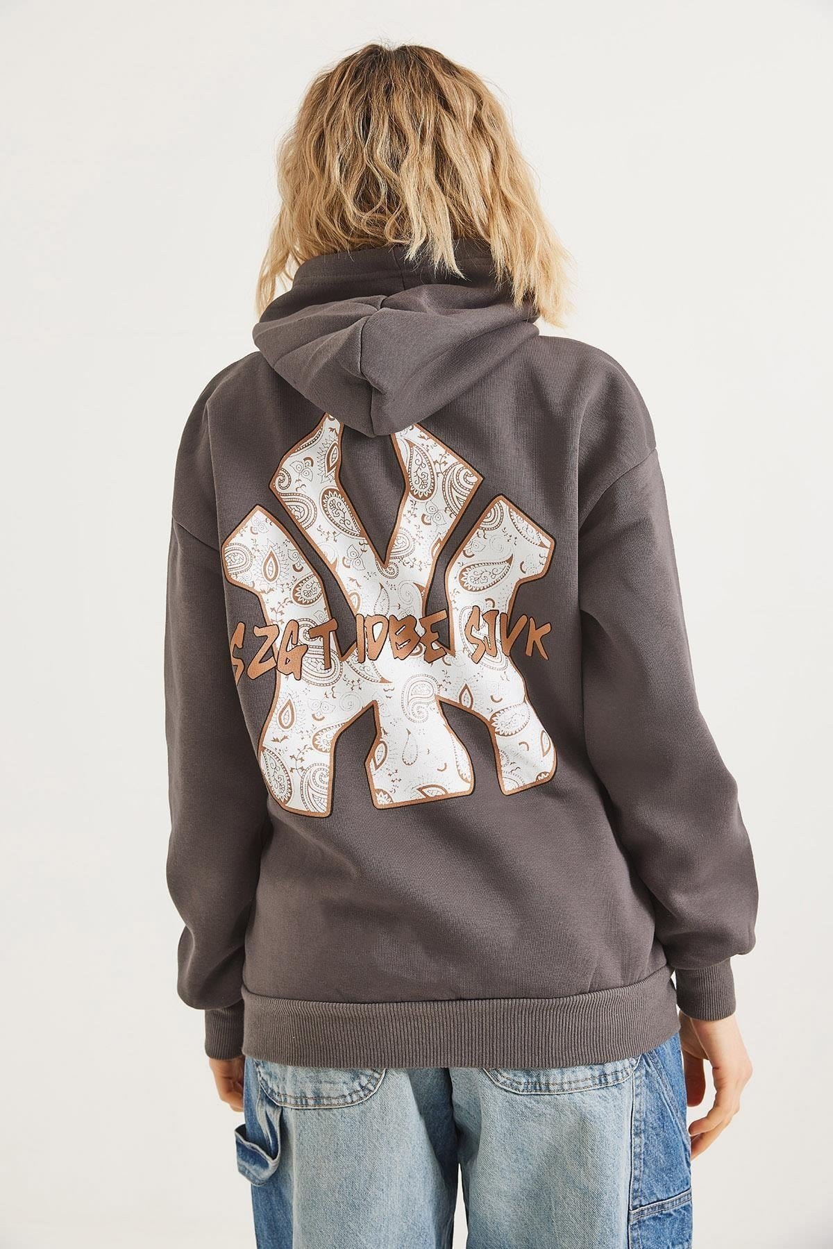 Füme Baskılı Kapüşonlu Sweatshirt