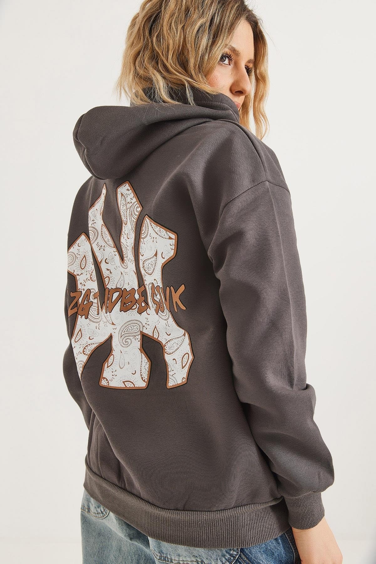 Füme Baskılı Kapüşonlu Sweatshirt